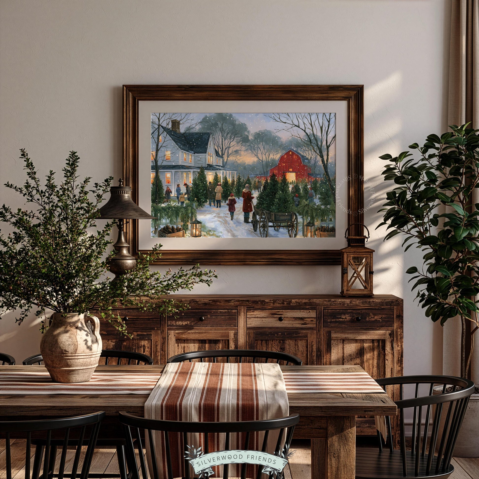 Christmas tree plantation picture printable wall art — cottagecore snowy evening with warm glowing barn