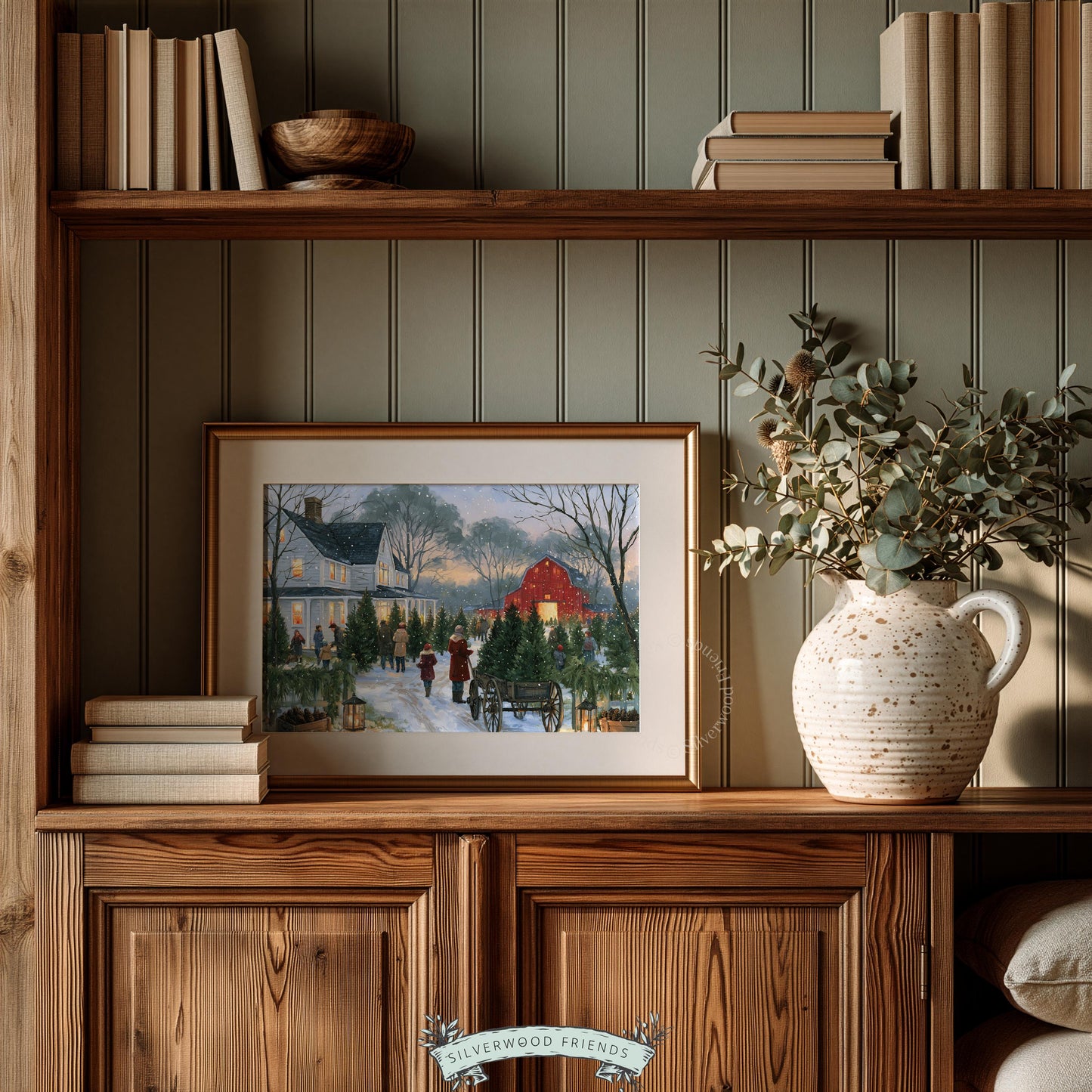Holiday tree shopping scene picture instant download — cottagecore winter charm with families browsing