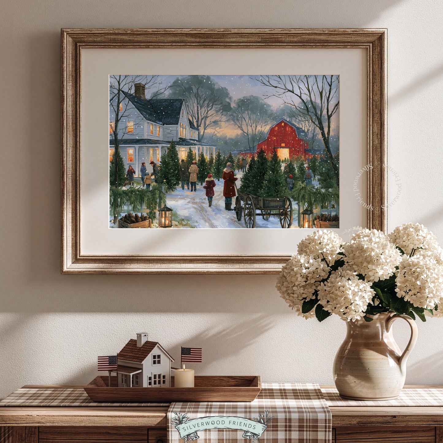 Farmhouse tree field painting instant download — vintage aesthetic with soft brushwork and golden hour light