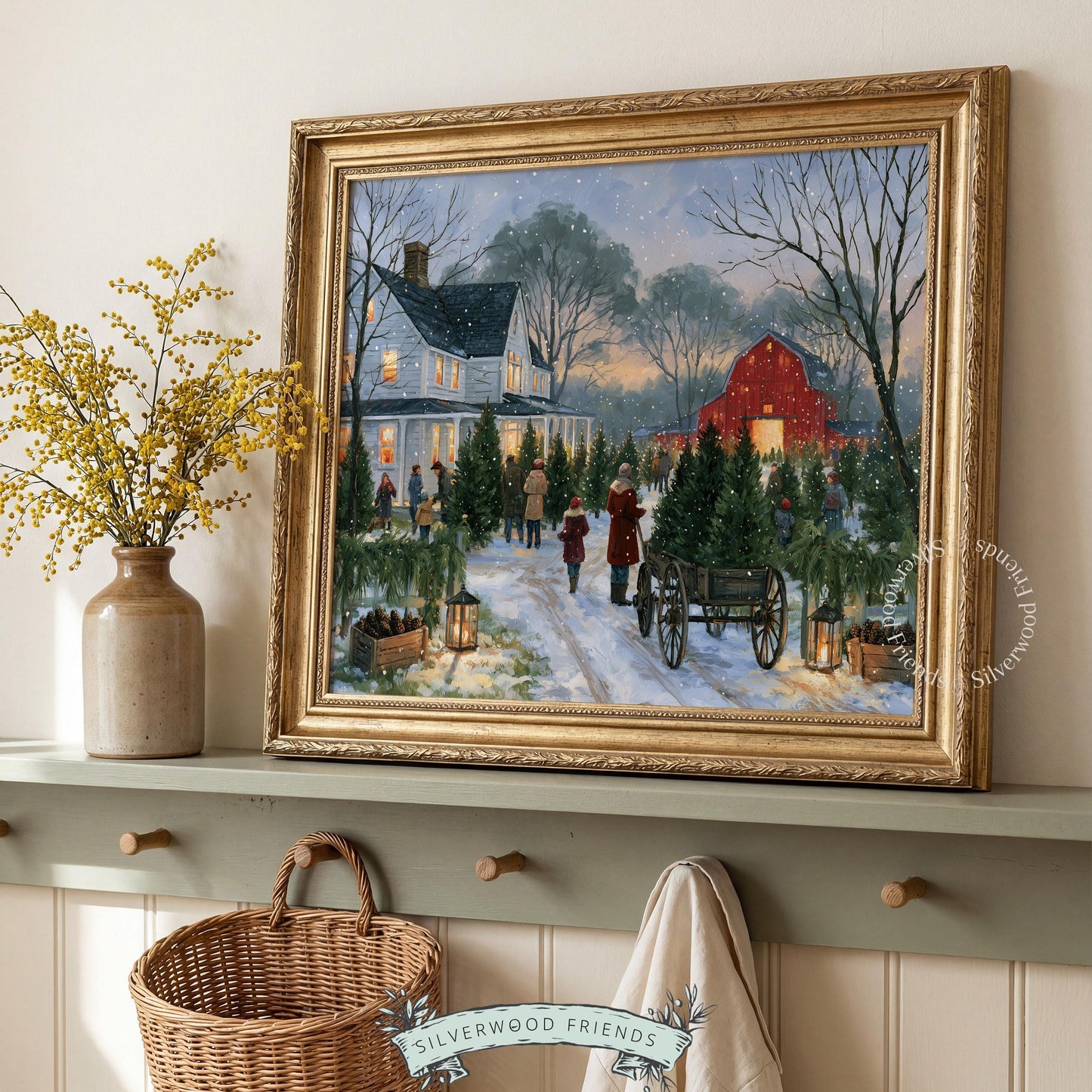 Seasonal tree plantation artwork for gallery wall — quiet snowy evening with red barn and warm windows