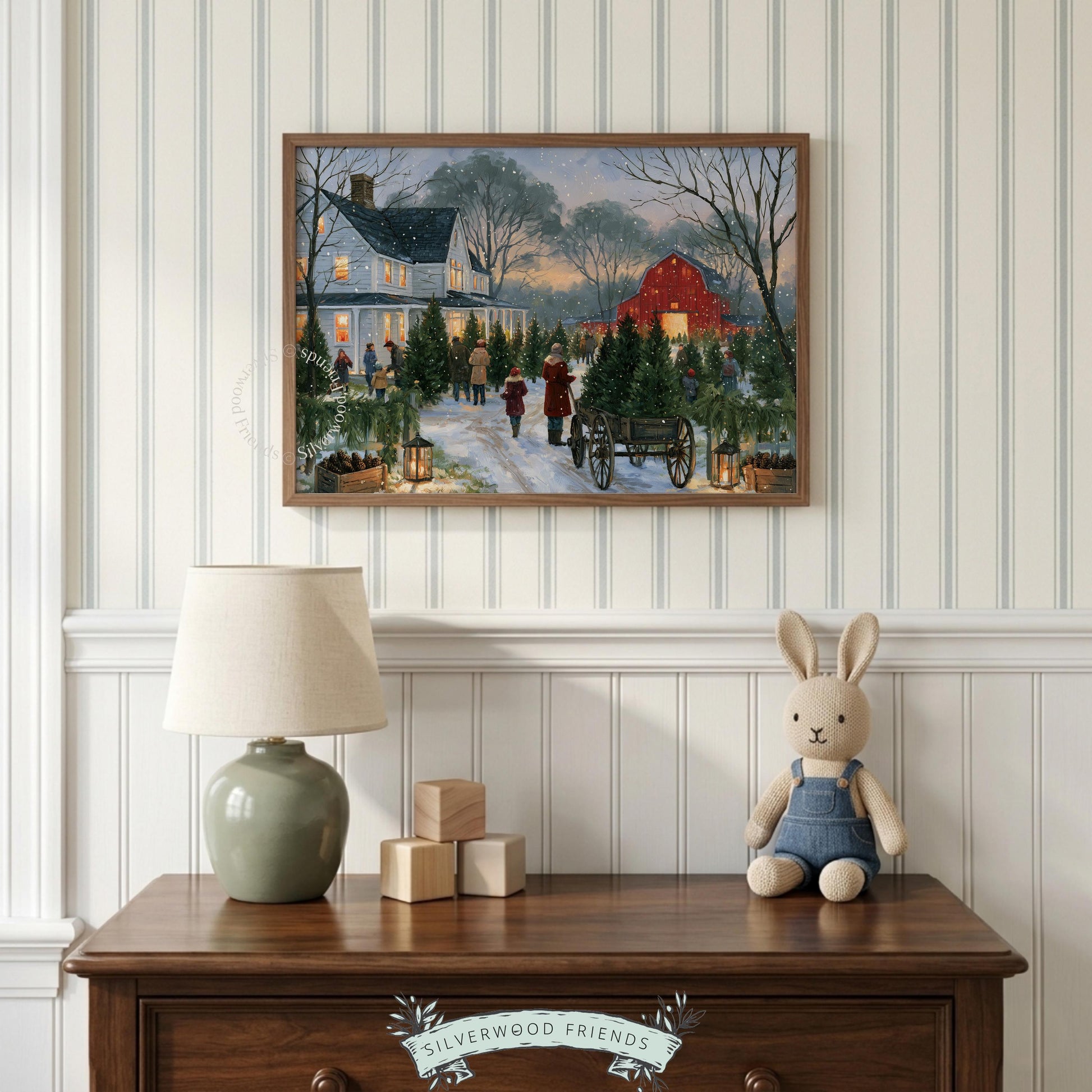 Holiday tree lot painting for nursery — gentle snowy pathway with lanterns and peaceful evening mood