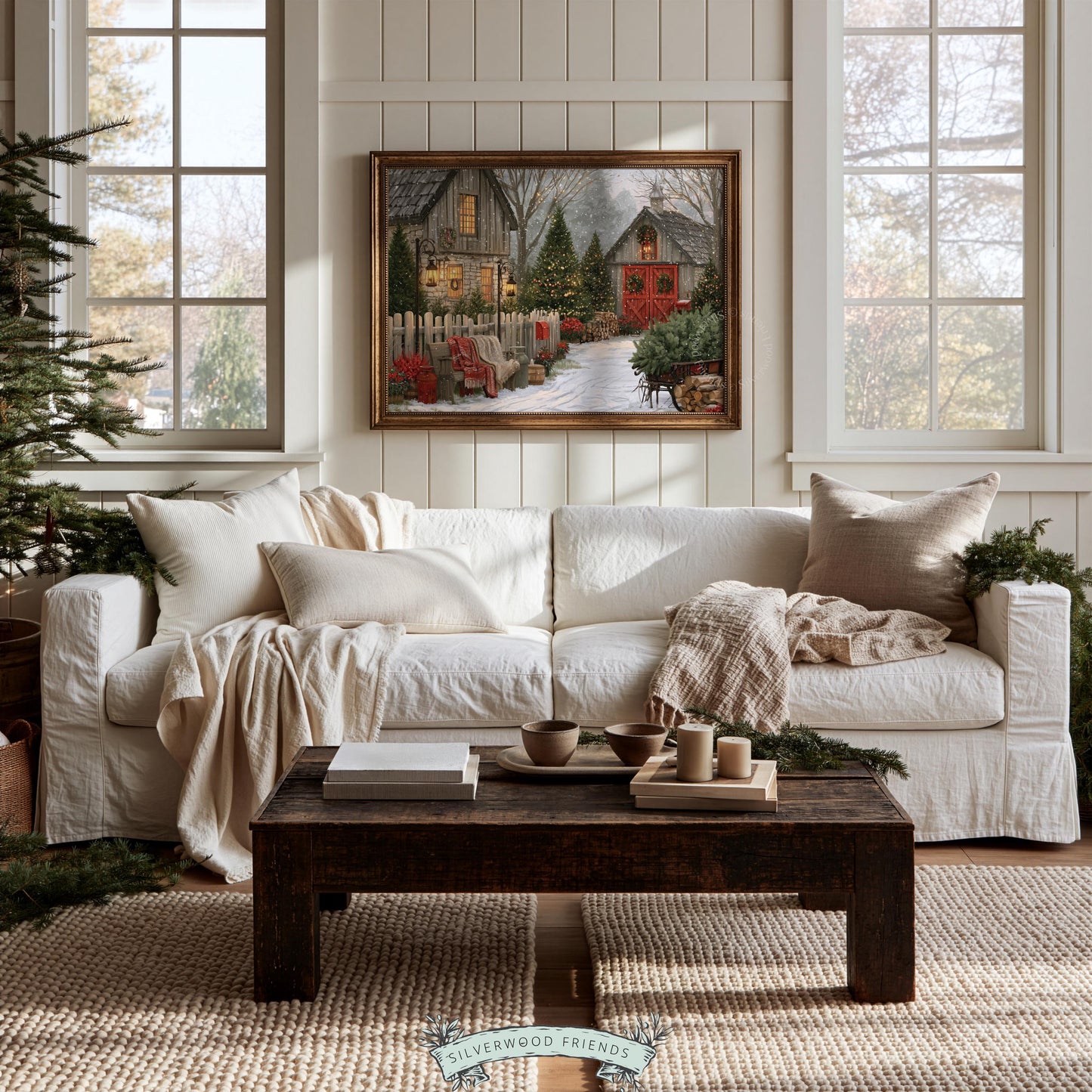 Rustic farmhouse Christmas poster art for living room — cozy tree farm with glowing windows and snowy pathway