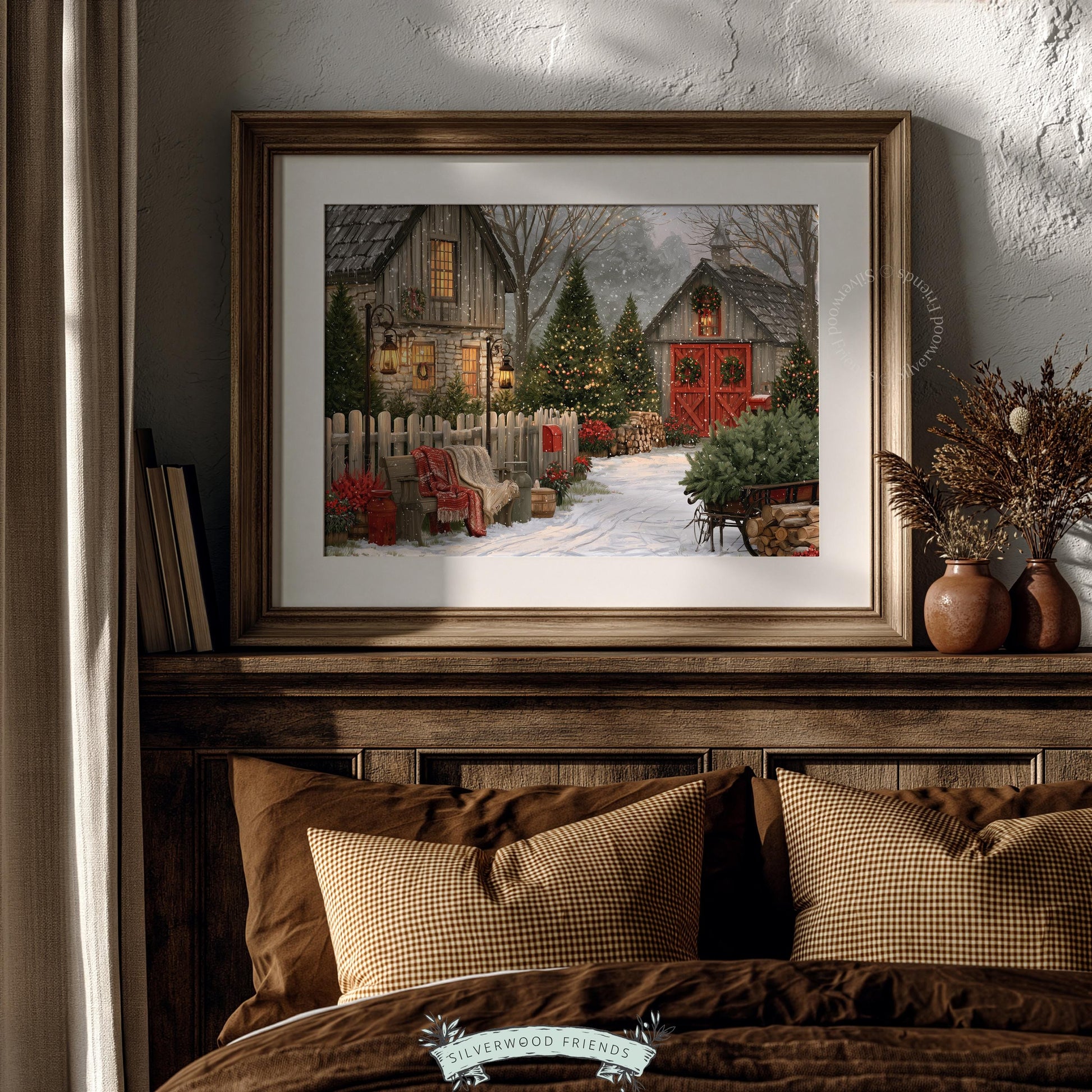 Festive evergreen farm wall decor featuring red barn door wreath and snow-covered pathway