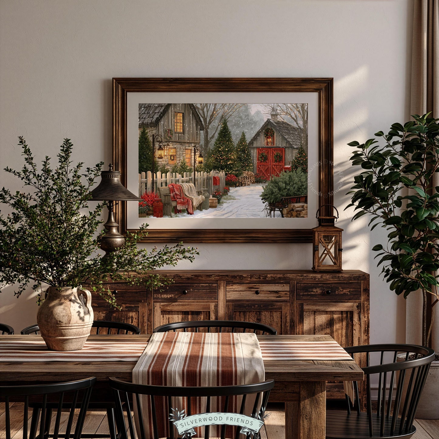 Farmhouse Christmas painting showing weathered barns, fresh-cut trees, and plaid blanket aesthetic