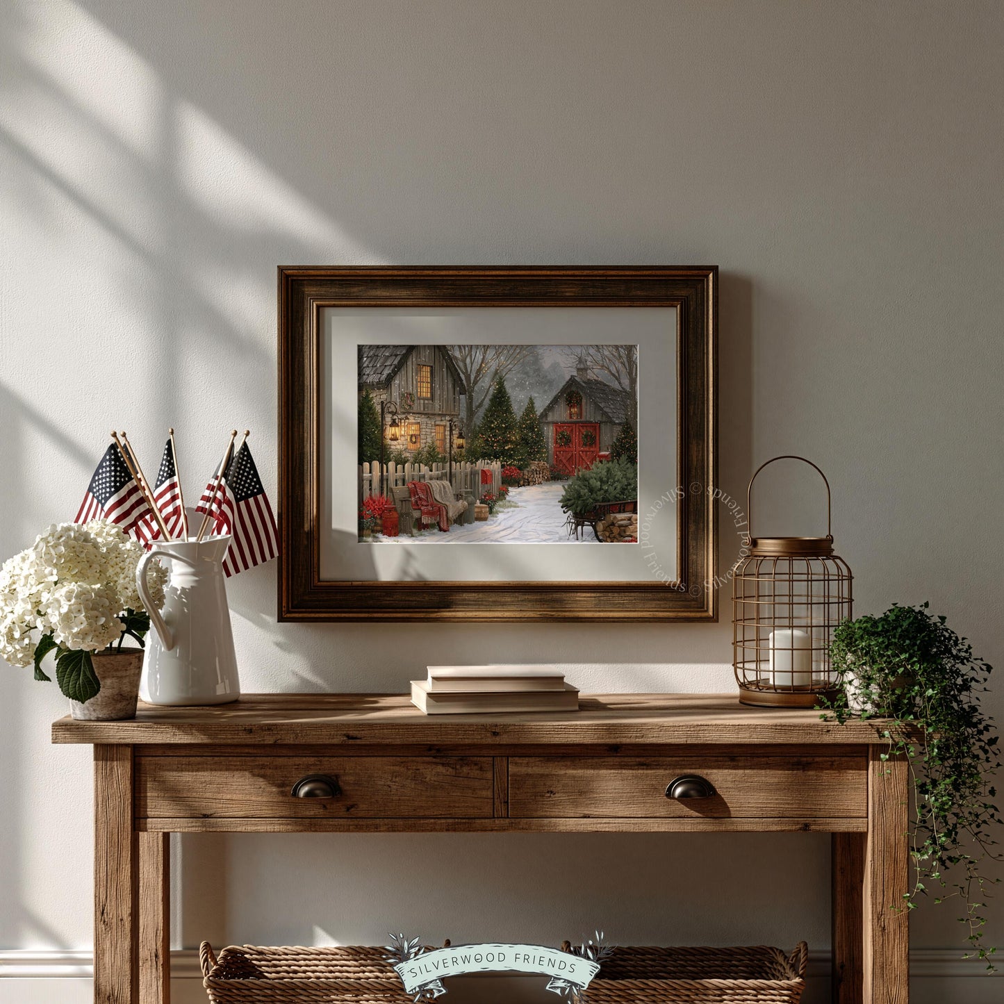 Vintage winter homestead picture art for bedroom — nostalgic holiday countryside with warm glowing interiors