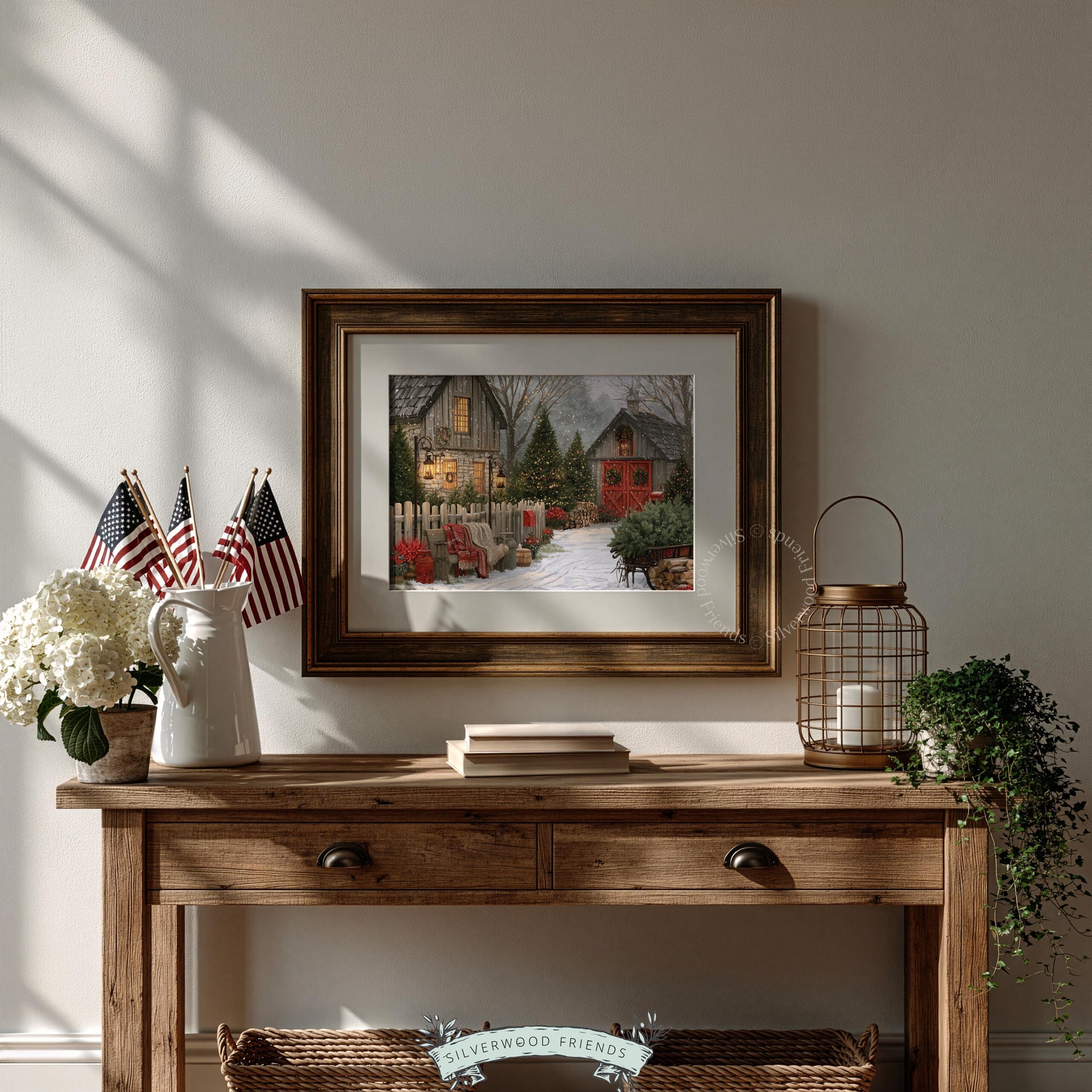 Vintage winter homestead picture art for bedroom — nostalgic holiday countryside with warm glowing interiors