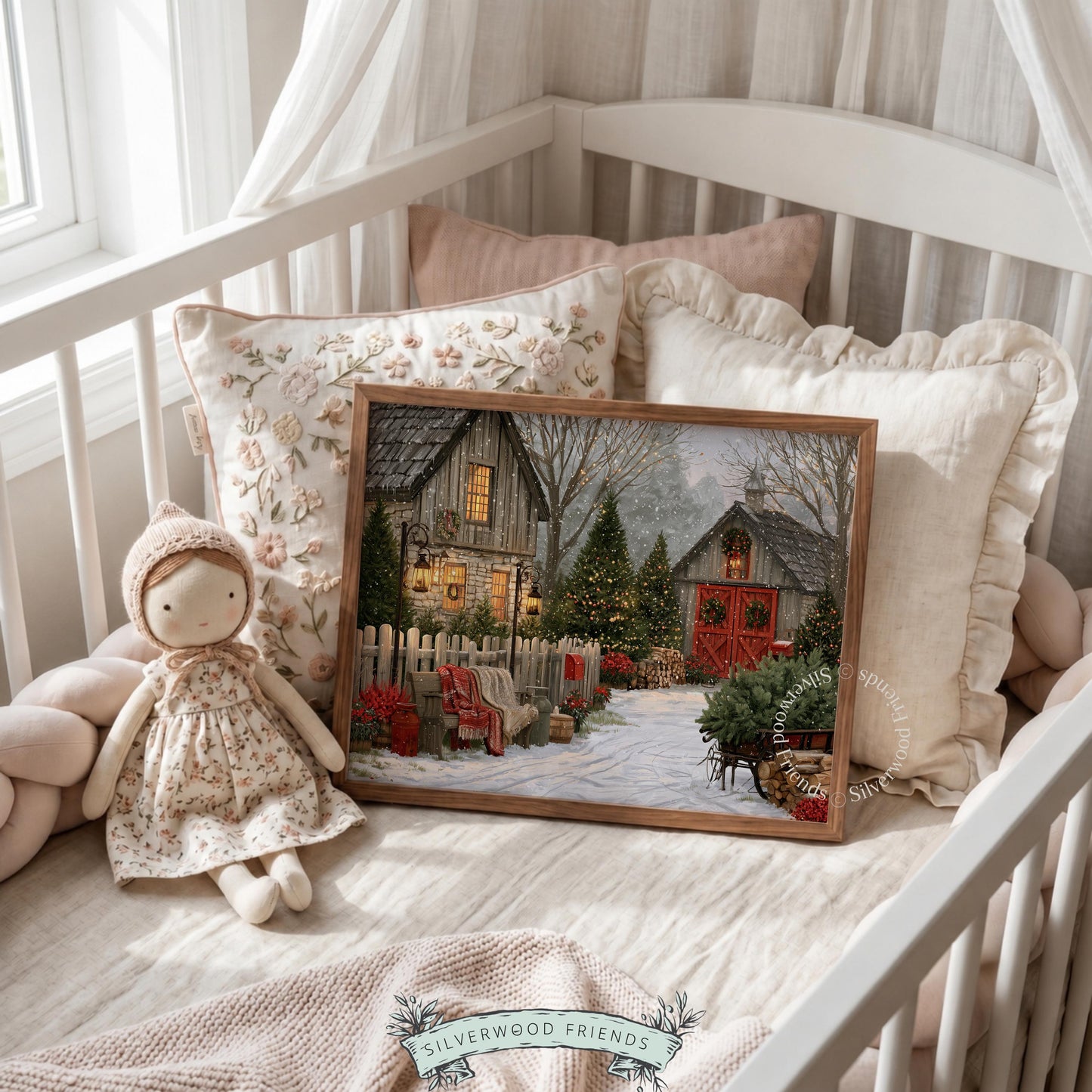 Rustic holiday retreat printable art depicting wooden sleigh, firewood, and snowy country pathway