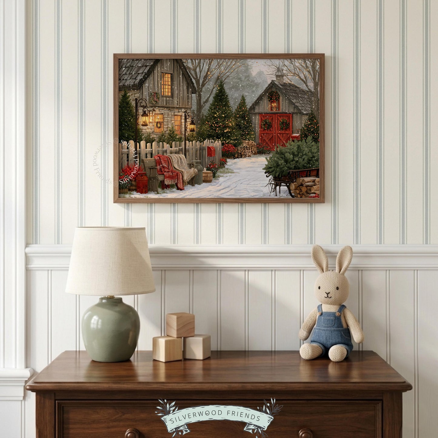 Vintage North Pole farm picture art — cozy Christmas scene with bench, plaid textile, and holiday greenery