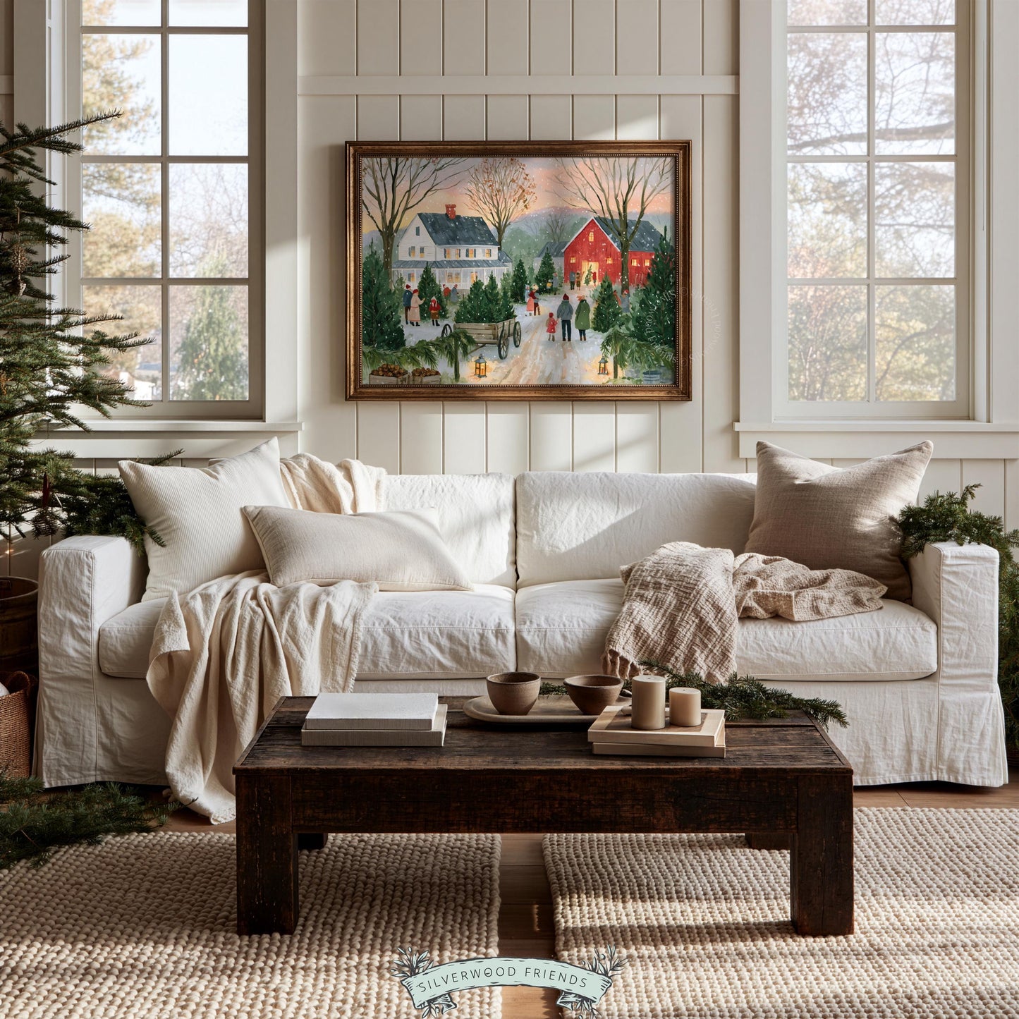 Festive farmstead picture for bedroom — families gathering among evergreens under winter twilight