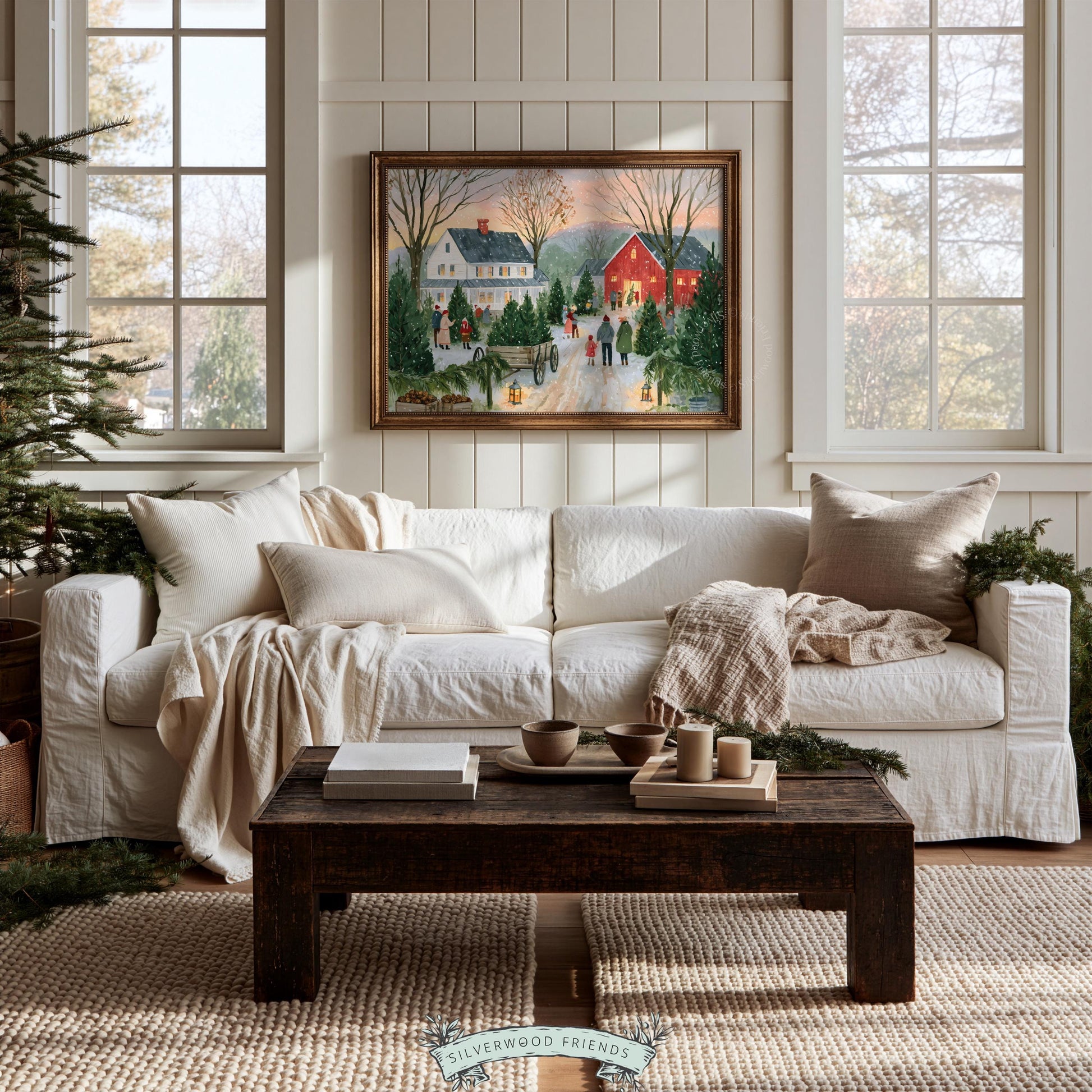 Festive farmstead picture for bedroom — families gathering among evergreens under winter twilight