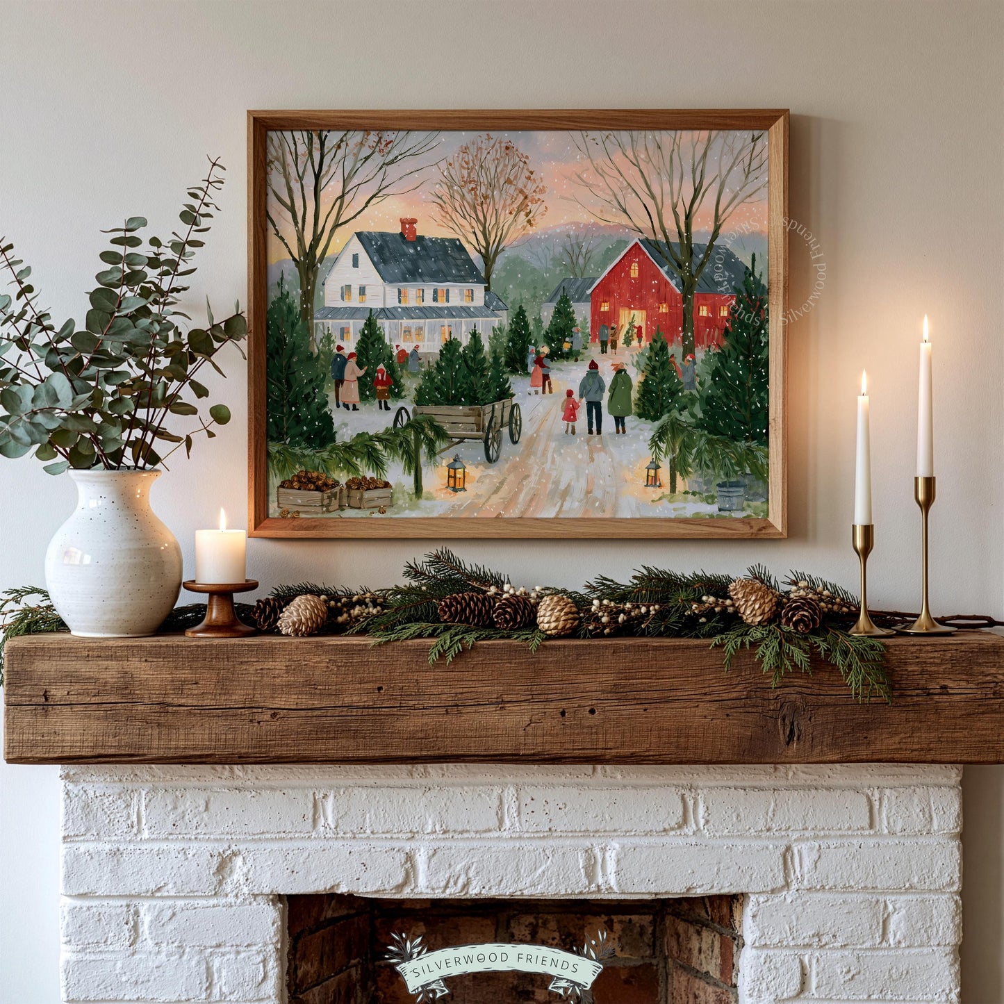 Cottagecore Christmas print for home — snowy tree cultivation scene with glowing buildings and figures