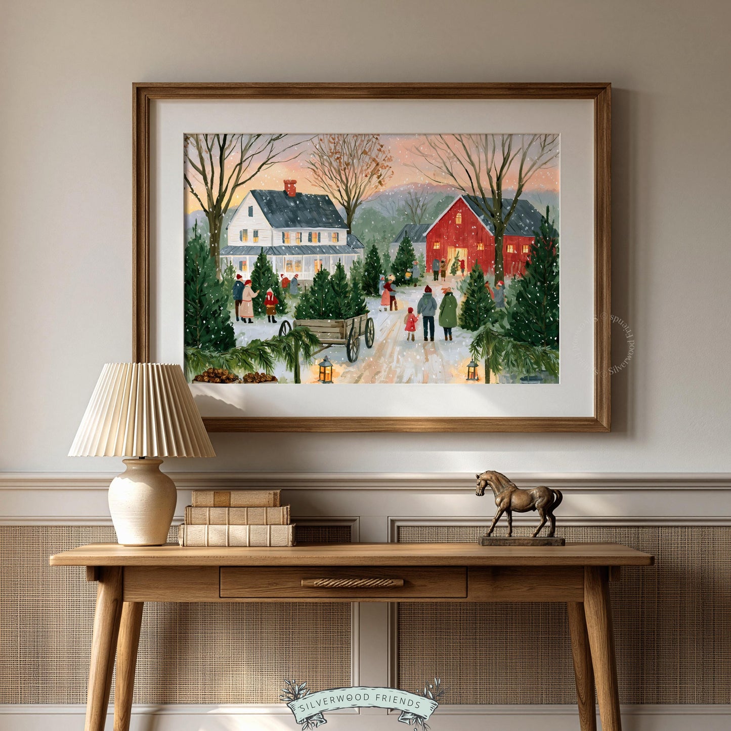 Seasonal evergreen farm poster — pastoral landscape with families, lanterns, and muted warm palette