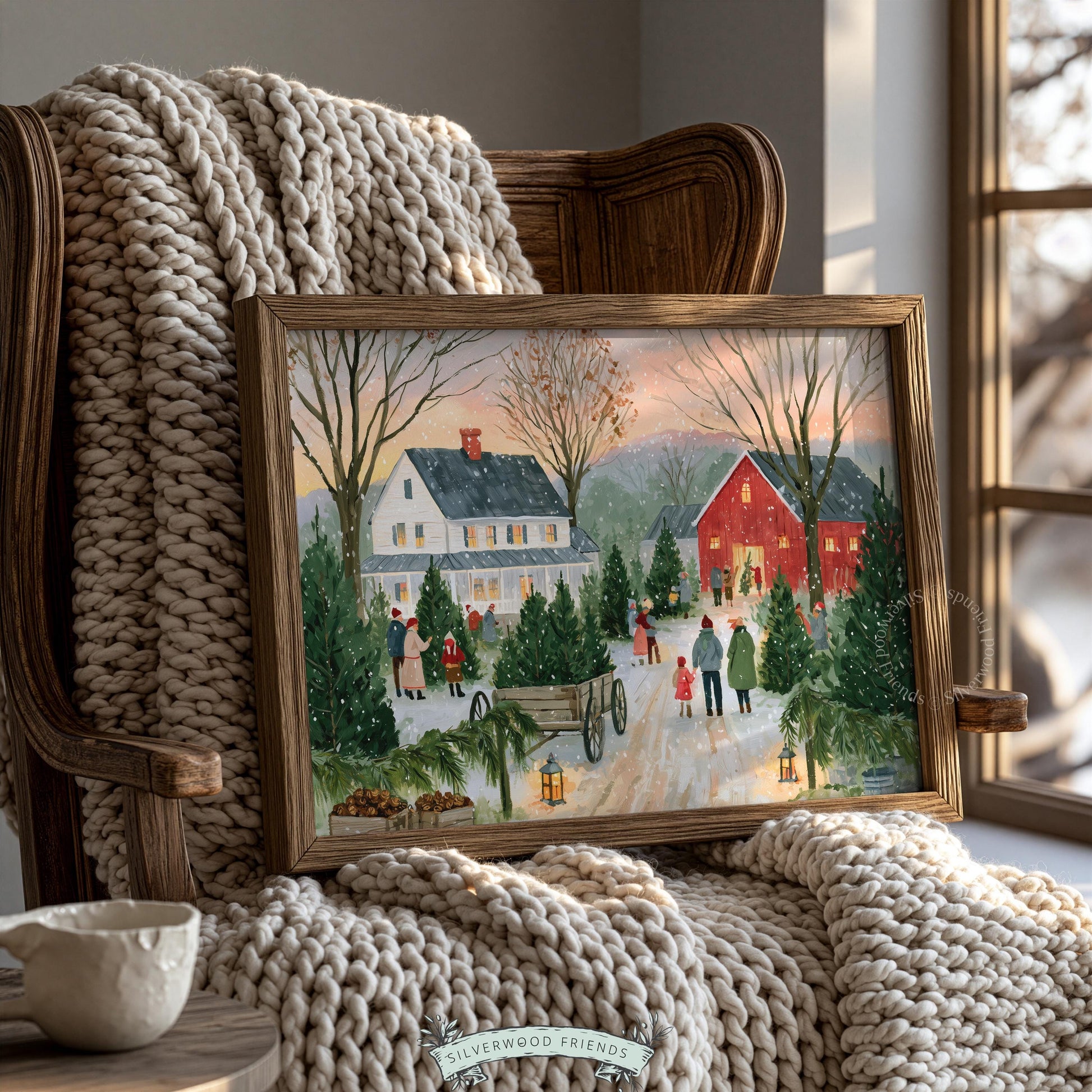 Rustic Christmas scene artwork instant download — peaceful countryside with red barn and soft pink sky