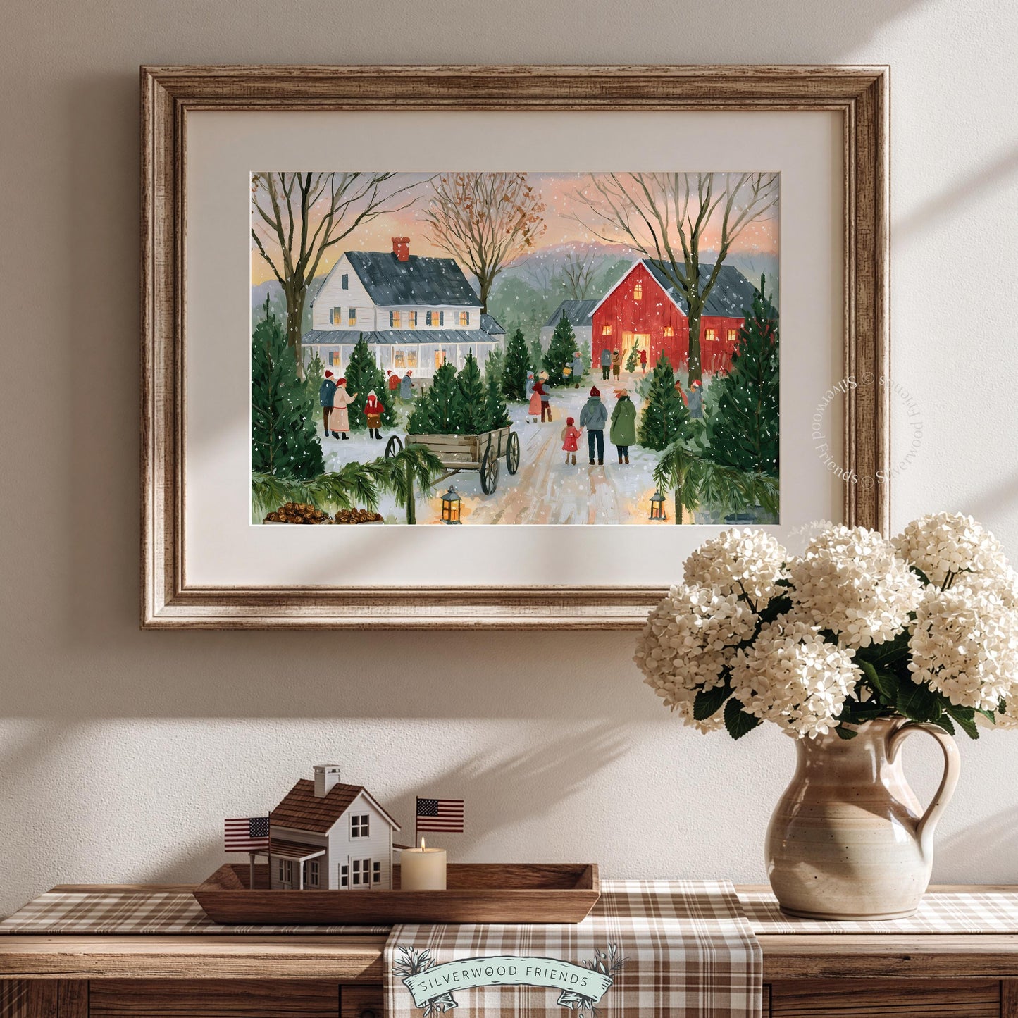 Vintage farmstead holiday printable art — snowy countryside with evergreen rows and warm cabin glow