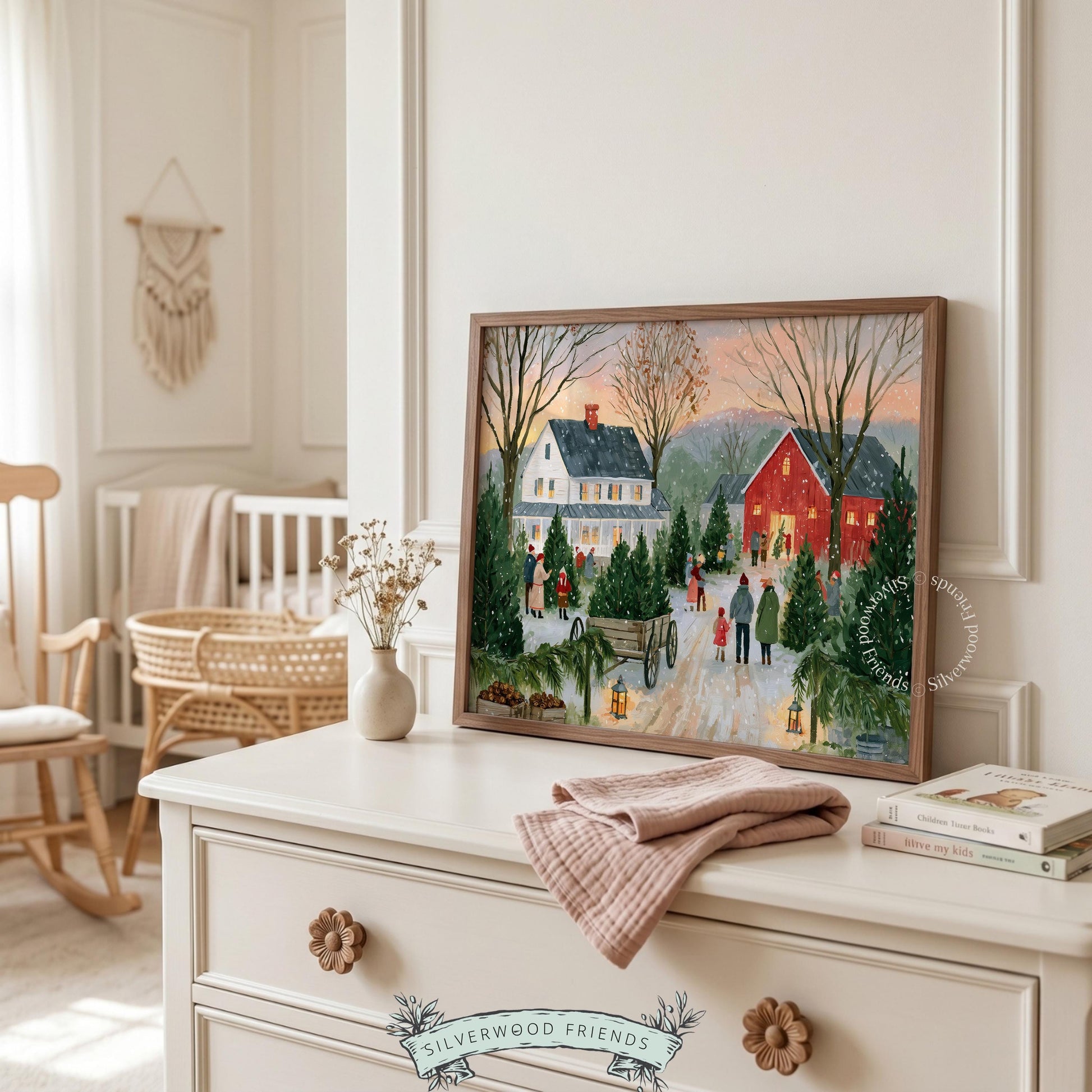 Vintage holiday gathering printable wall art — pastoral farm scene with families and glowing red barn