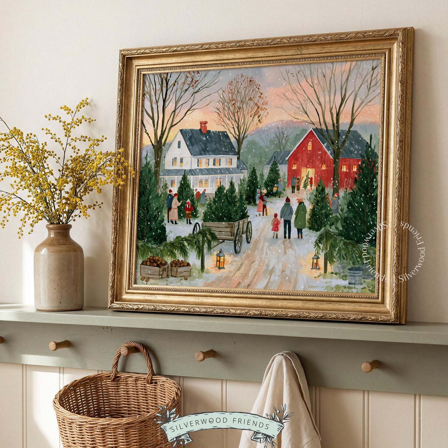 Winter wonderland farmhouse picture — peaceful evergreen fields with wooden cart and lantern lighting