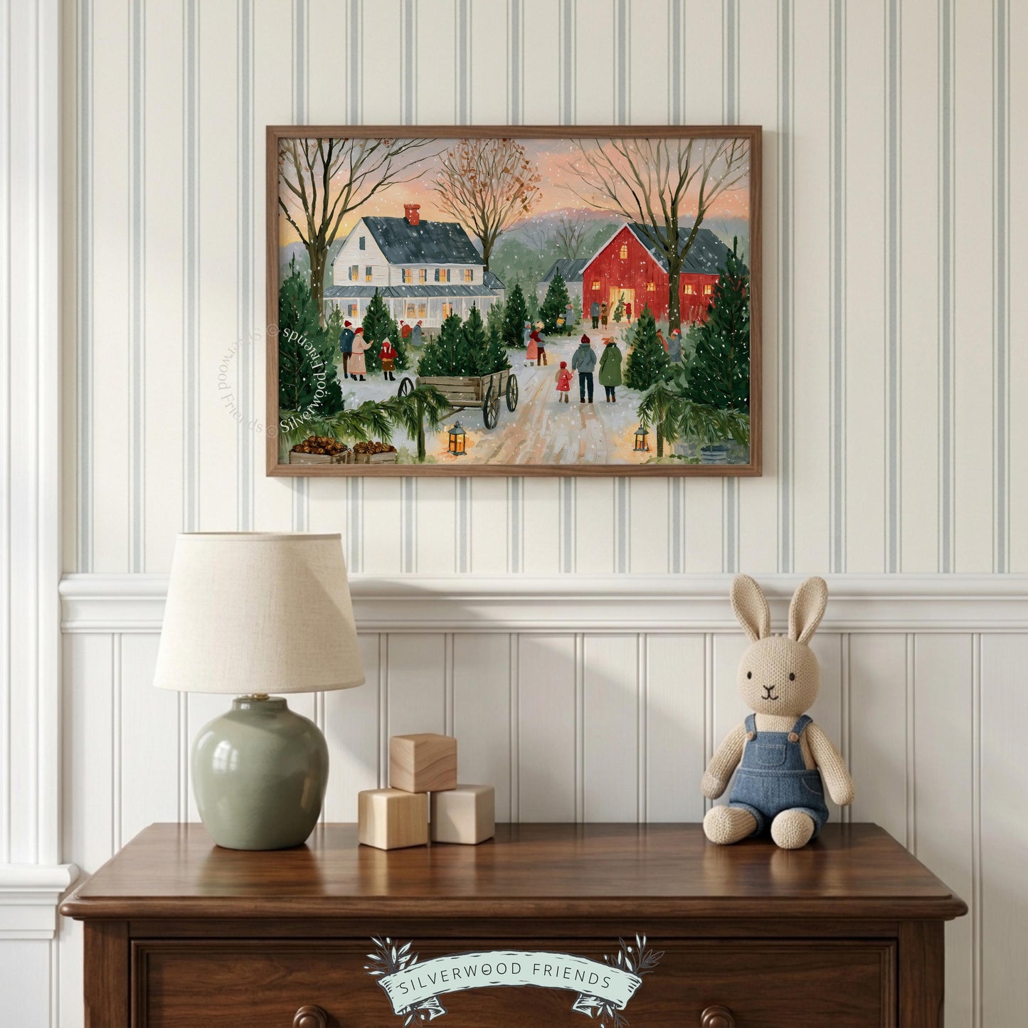 Winter farmhouse wall art digital print — festive families browsing fresh-cut evergreens at dusk