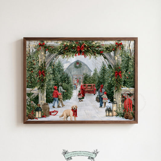 Vintage Christmas barn digital print for family room — charming rural scene with wreath-adorned white farmstead