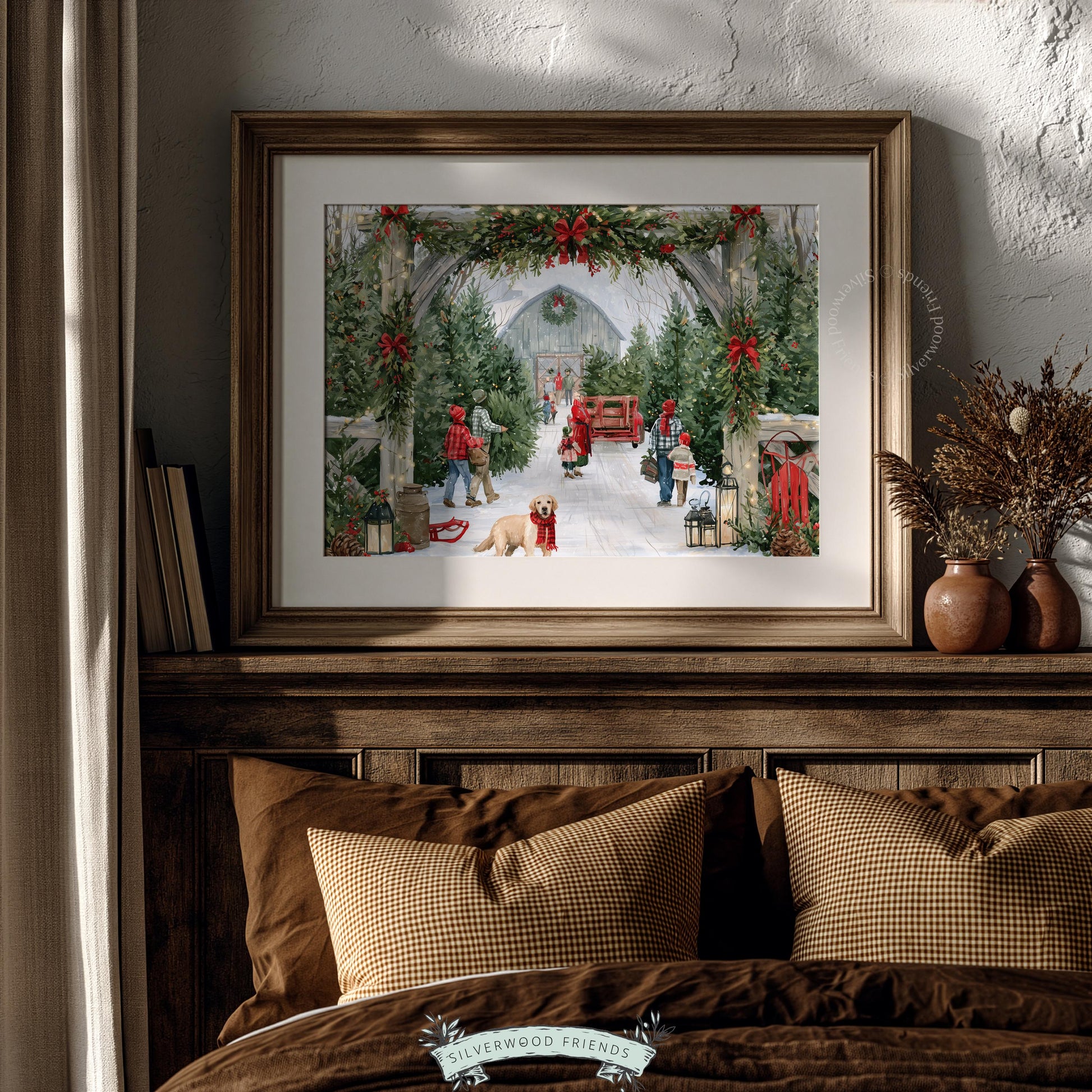 Rustic holiday gathering picture for den — tree farm adventure with families in cozy plaid and snowy pathway