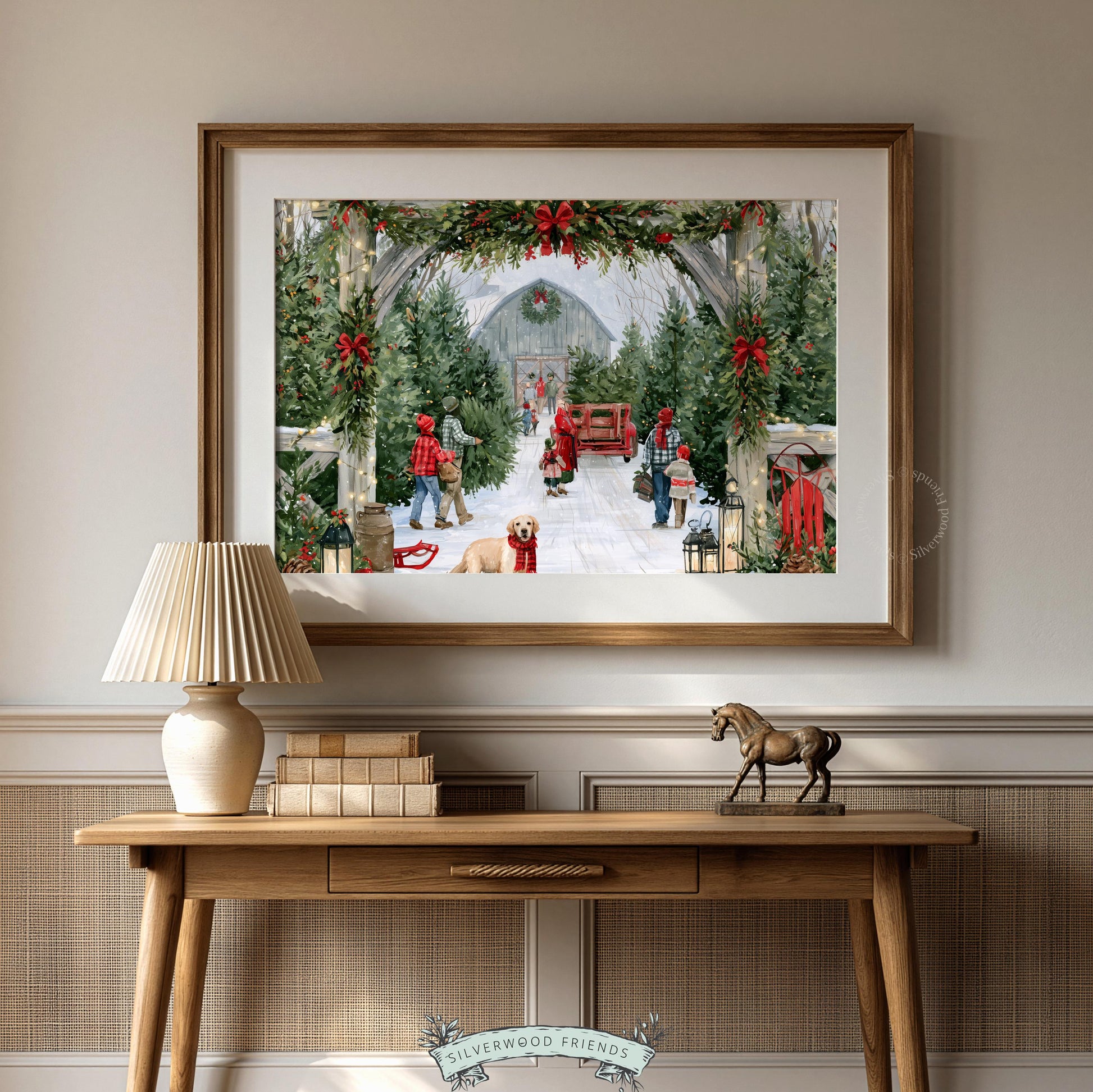Christmas farmstead wall art instant download — snowy pathway, fresh evergreens, and festive warm color scheme