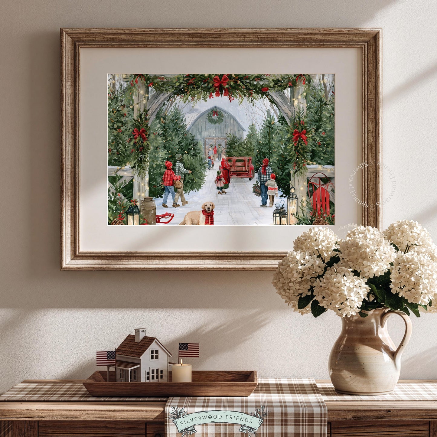Christmas countryside digital artwork poster — vintage red truck, lanterns, and festive evergreen landscape