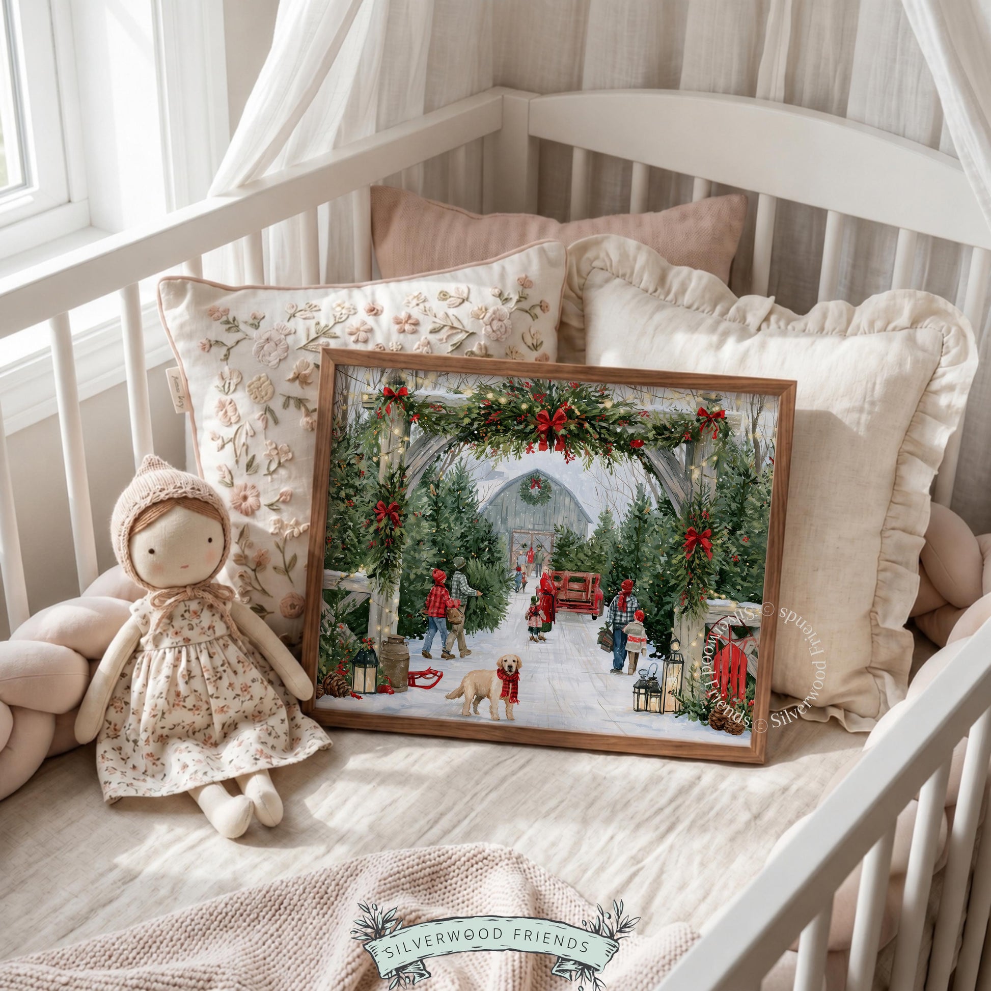 Nostalgic Christmas barn digital poster wall art — families selecting evergreens with vintage truck and lantern ambiance
