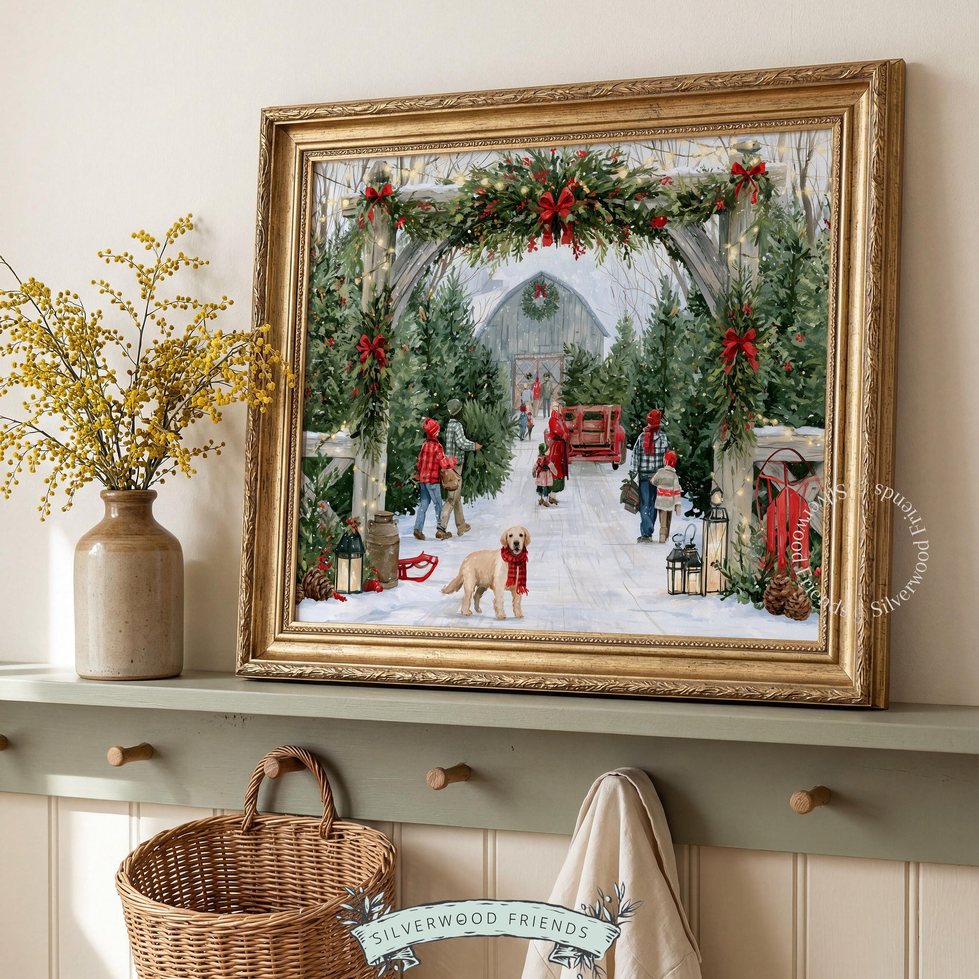 Festive evergreen farm picture for guest room — families browsing trees amid lanterns and vintage holiday charm