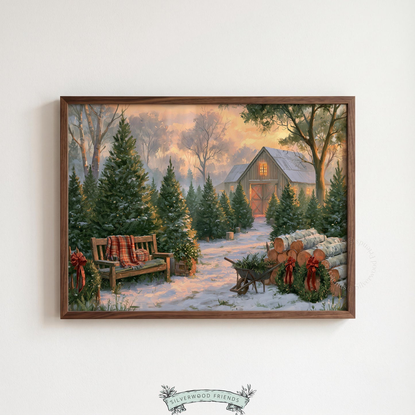 Golden hour barn painting printable wall art — vintage tree farm with wreaths, firewood stack, and holiday warmth