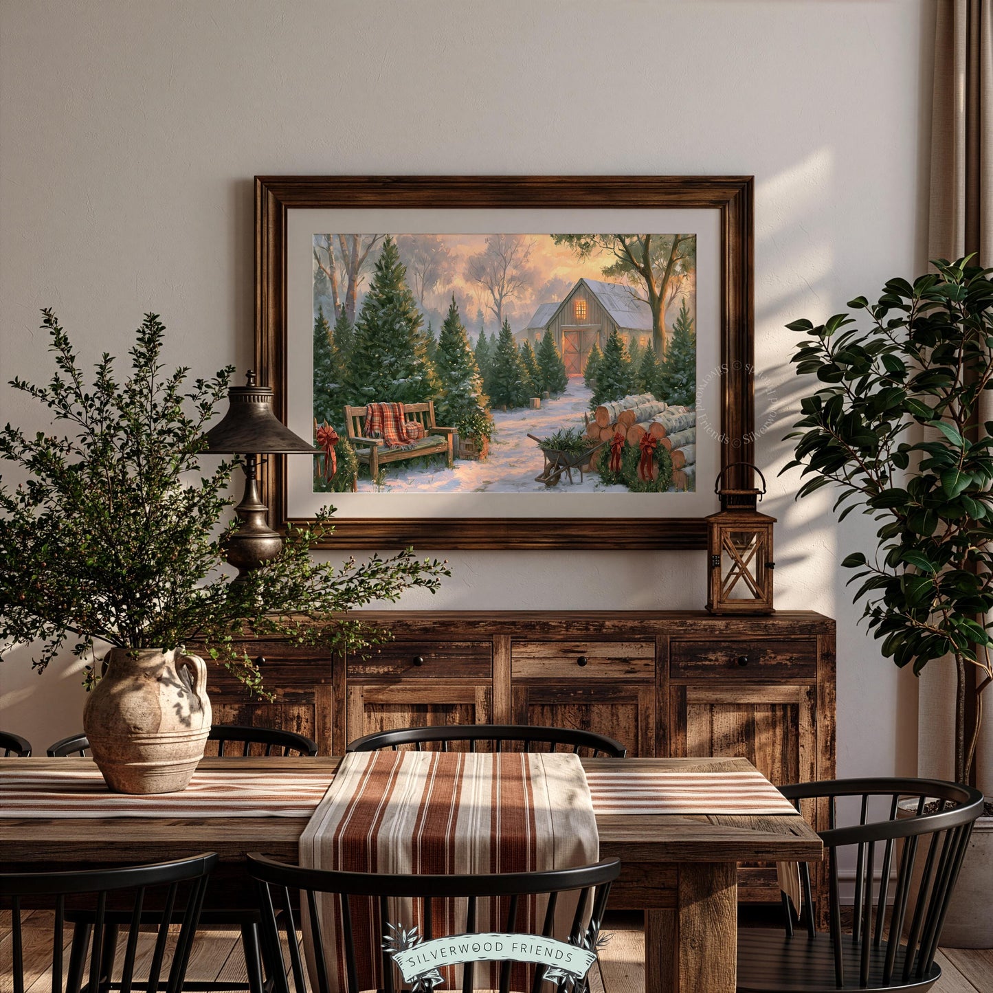 Holiday evergreen painting digital download — rustic barn landscape with small dog sled and festive wreaths