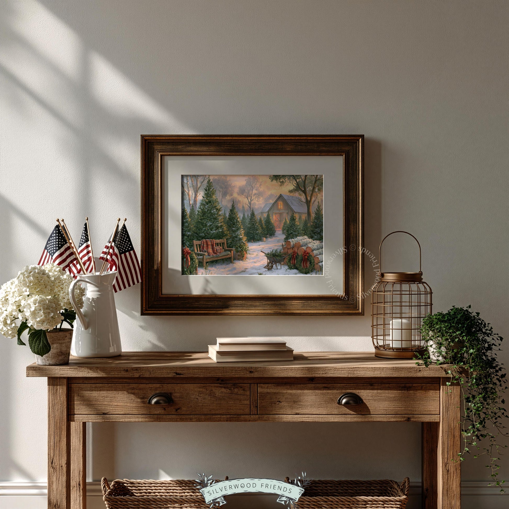 Christmas farm landscape wall picture for cottage — warm-toned barn with snow-dusted path and holiday wreath details