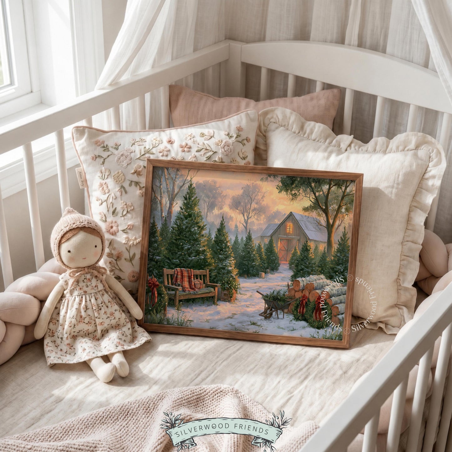 Festive farmhouse barn print gallery wall art — vintage Christmas landscape with bench, wreaths, and rustic charm
