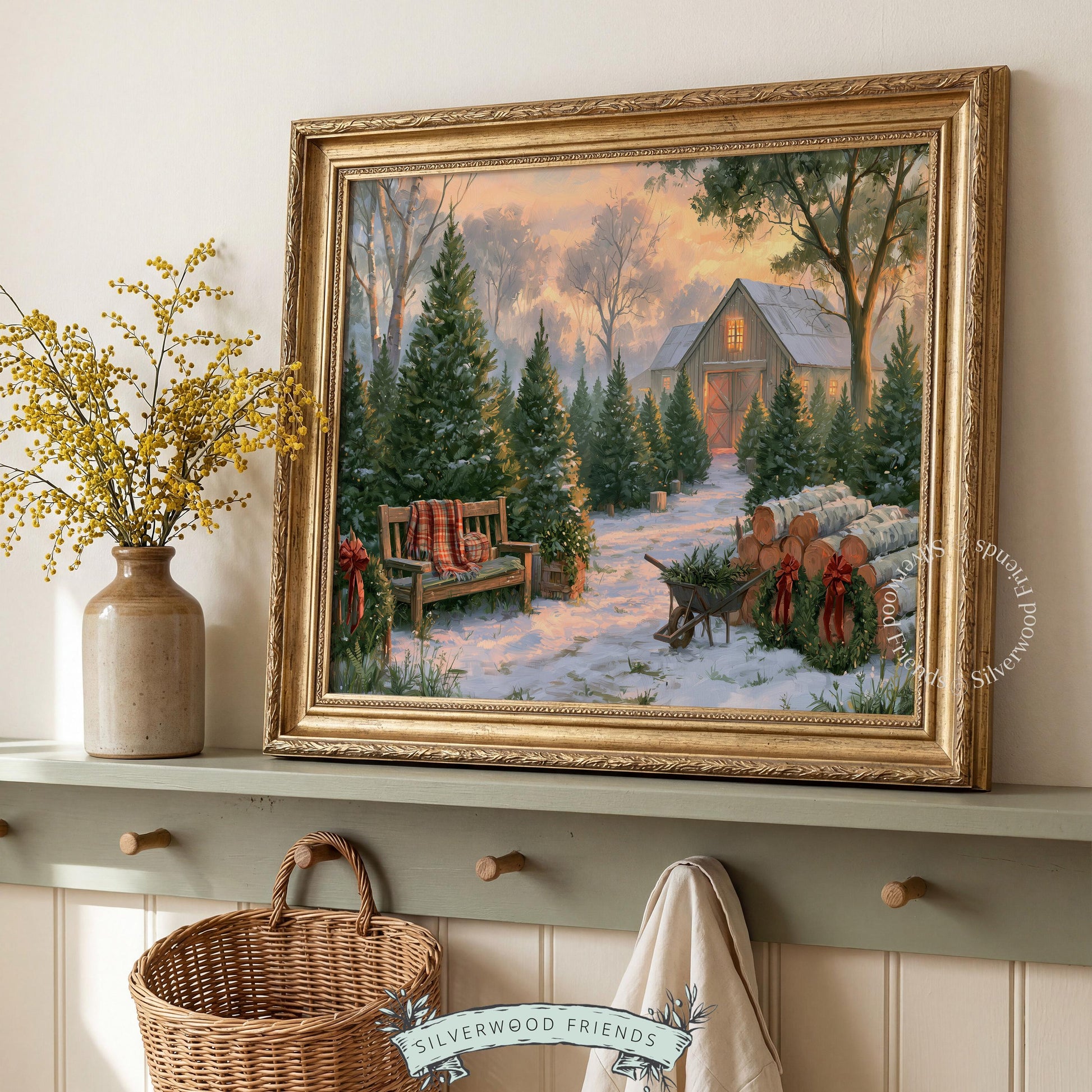 Winter tree farm artwork instant download — snow-dusted path to vintage barn with wreaths and festive glow