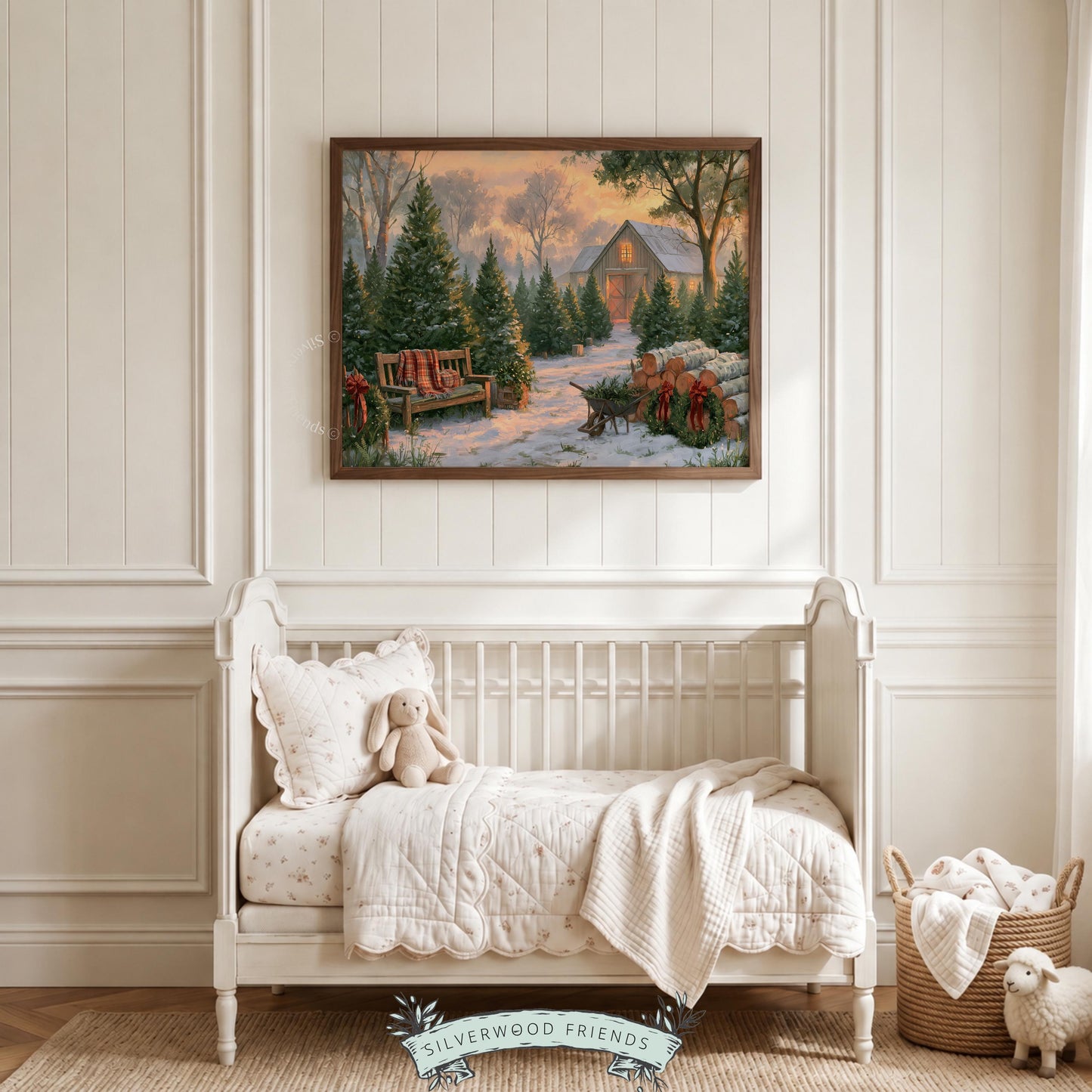 Cozy countryside Christmas artwork instant download — vintage farmstead with plaid blanket, small dog, and festive glow