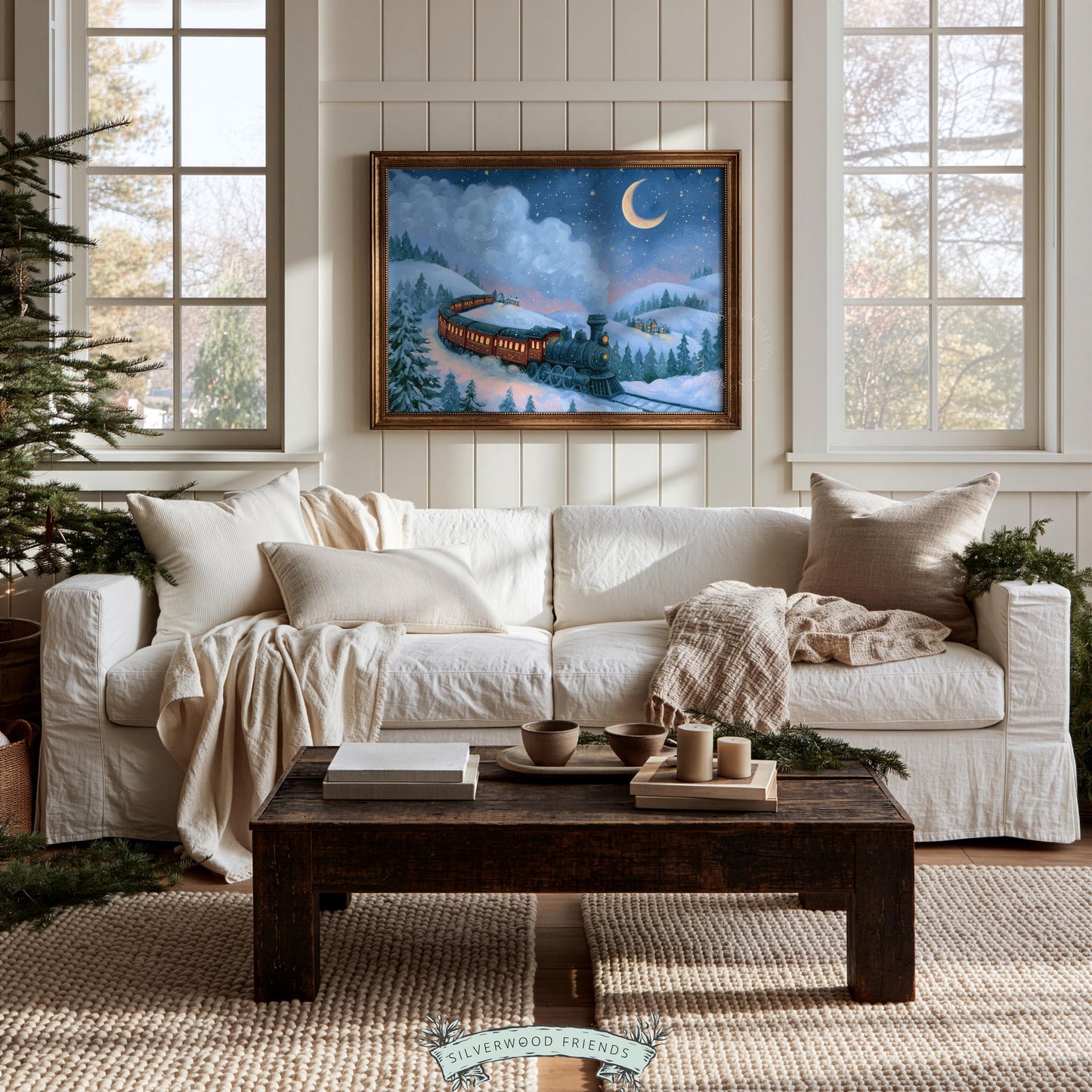 Nightfall steam train picture for reading nook — rich blue and gold palette with celestial elements