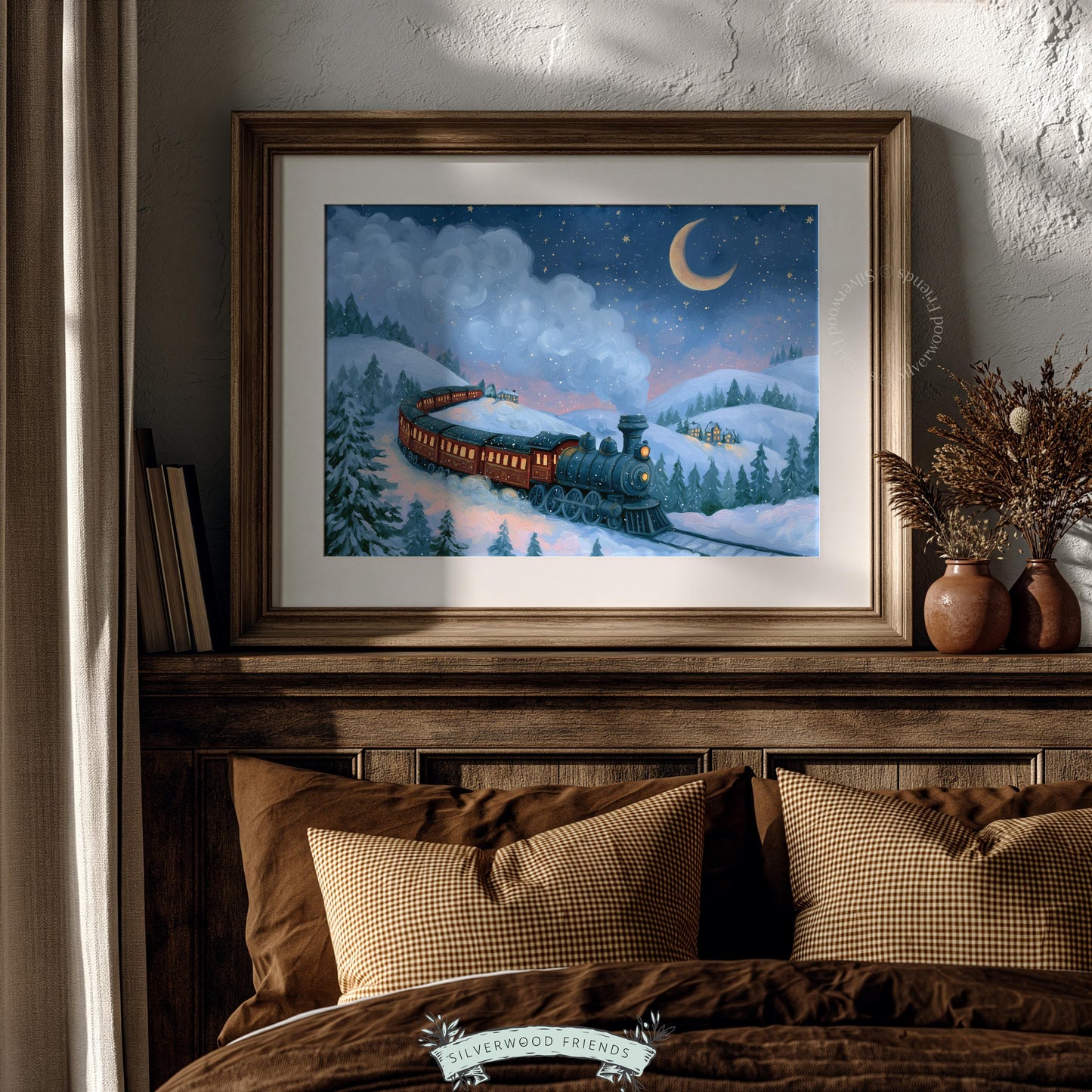 Victorian-style train painting printable art for entryway — warm glow against deep blue winter