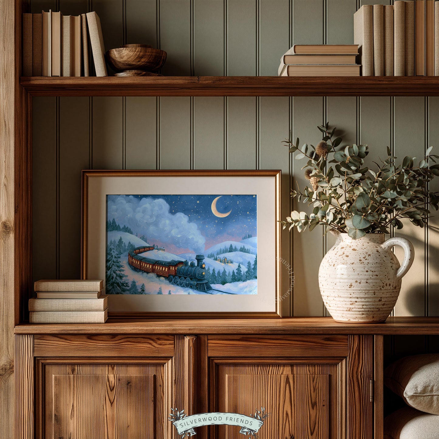 Antique railway scene digital art for gallery wall — glowing engine amid frosted pines and night sky
