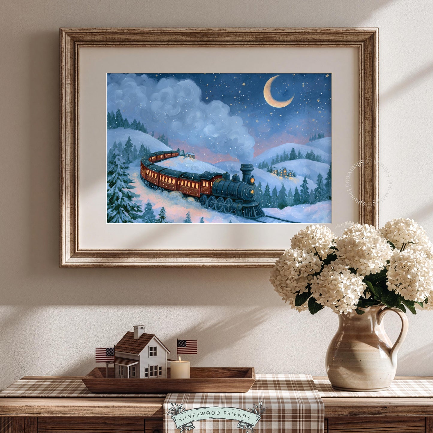 Snowy landscape with steam engine digital print for living room — festive holiday wall art