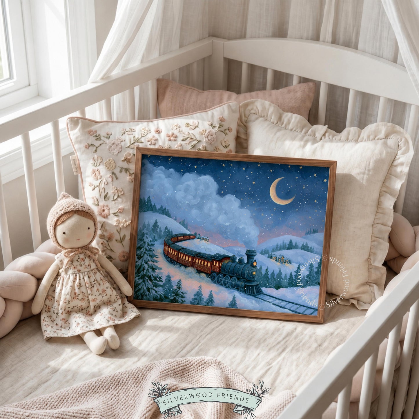Vintage steam locomotive poster with snowy winter landscape and starry night sky for holiday décor