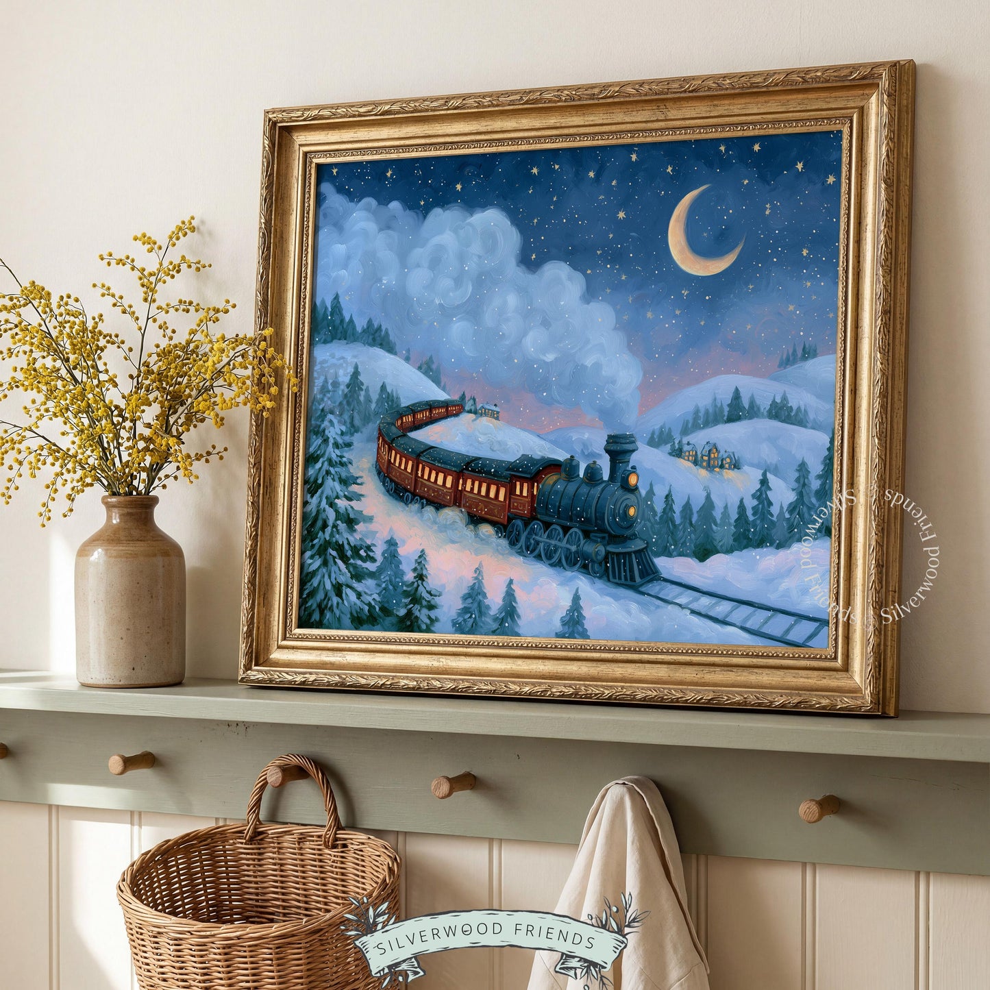 Snowy train scene poster with cottage village — nostalgic winter painting in soft, dreamlike style