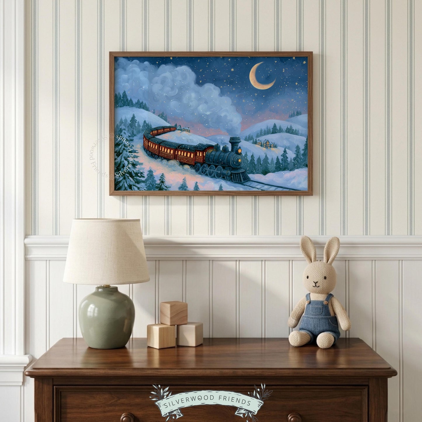 Nighttime locomotive poster featuring snow-covered hills and dreamy brushwork aesthetic