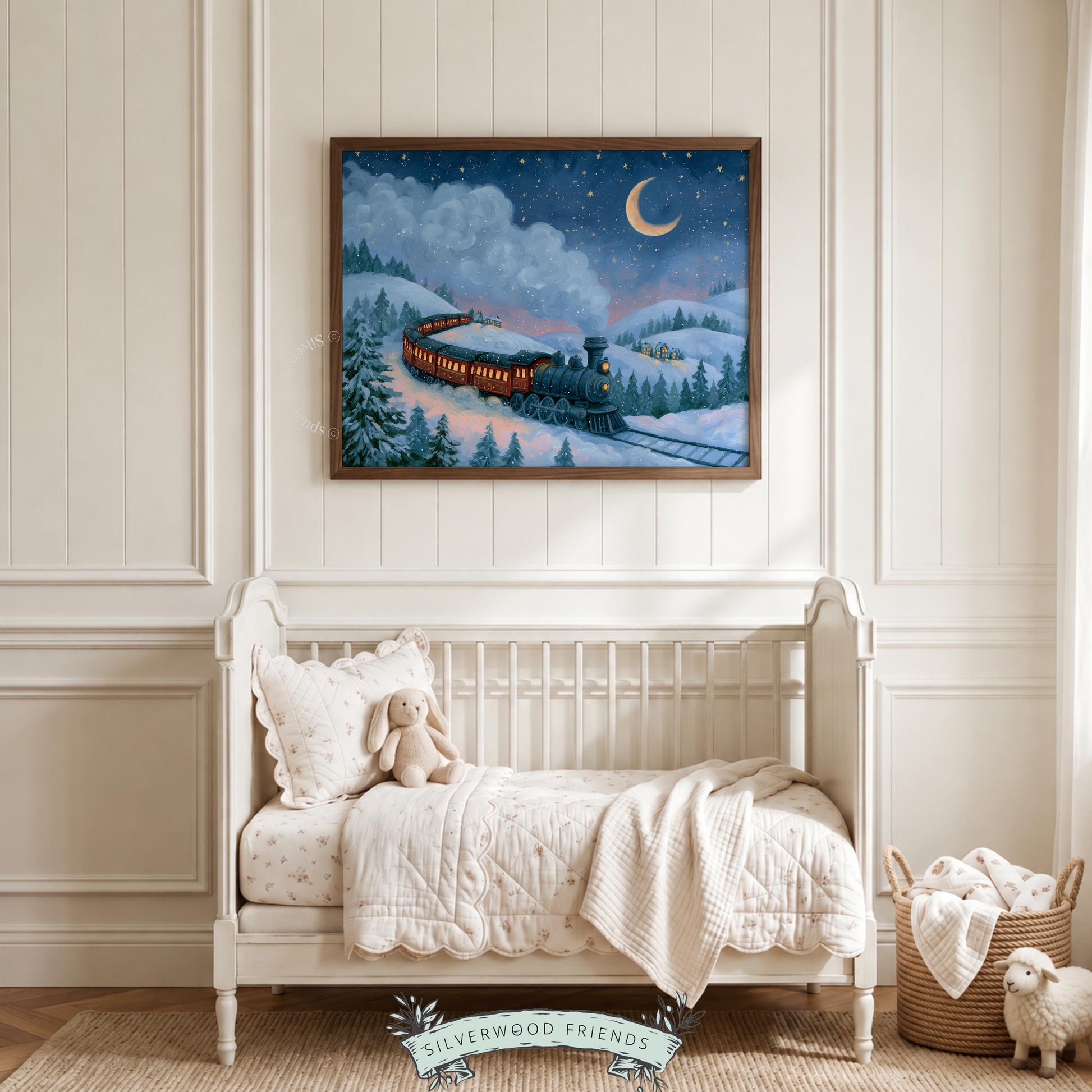 Classic railway artwork digital download — moody jewel-tone evening with festive farmhouse charm