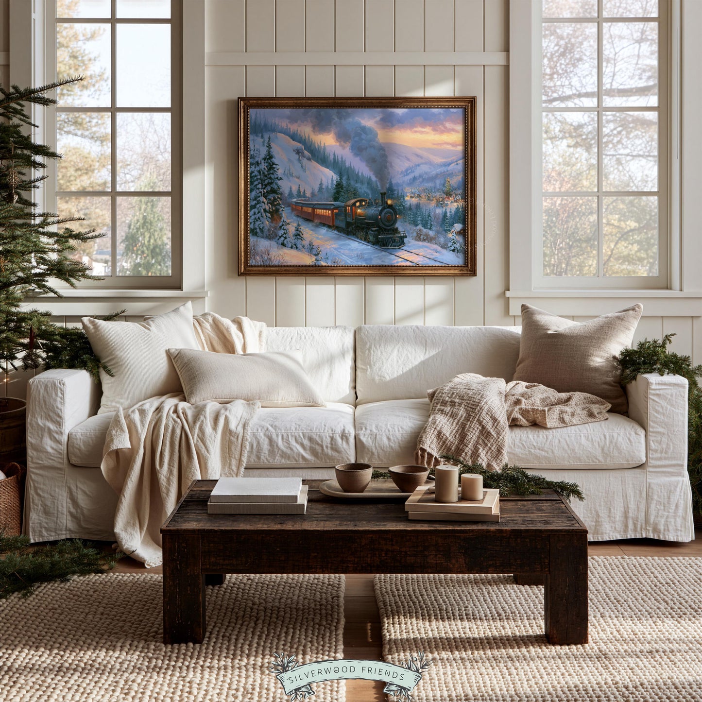 Vintage Christmas locomotive painting wall art — warm festive scene with black steam engine against twilight backdrop