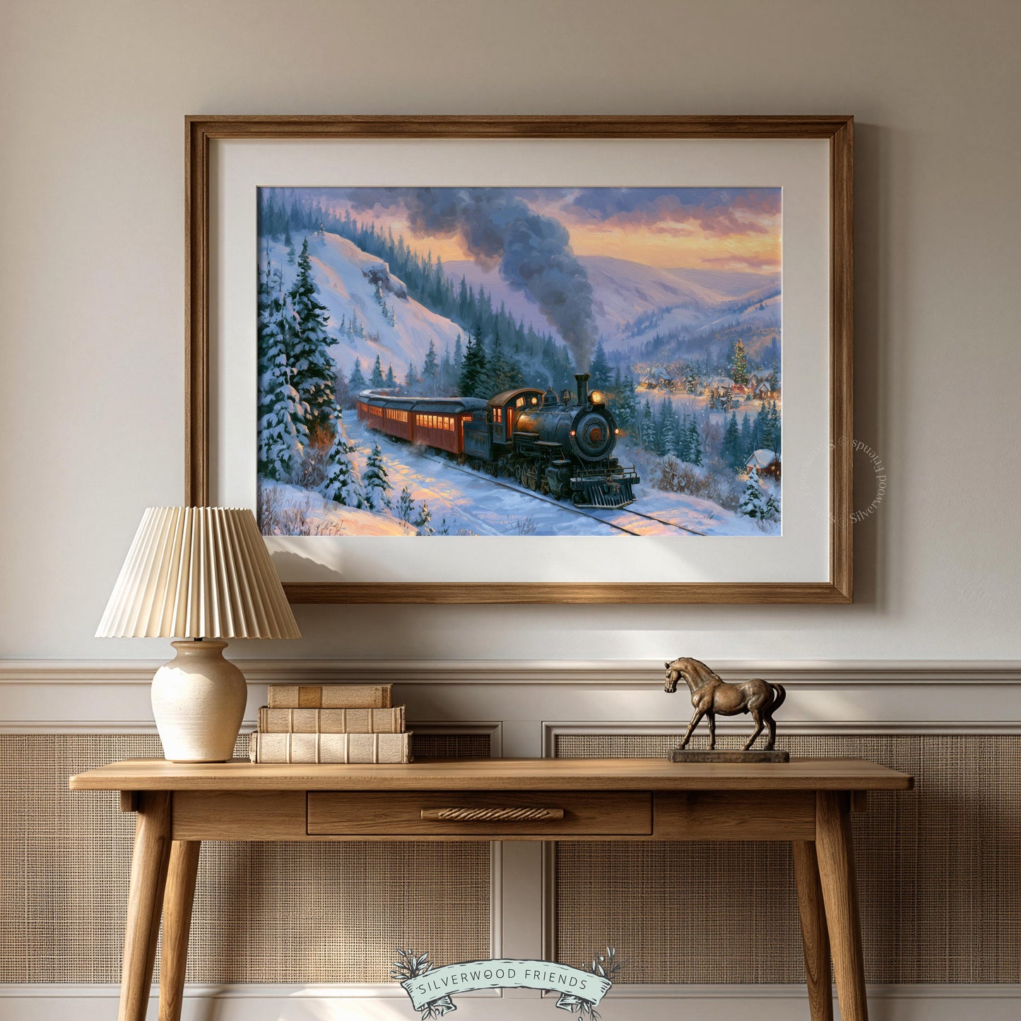 Winter locomotive picture for living room — warm holiday painting with purple twilight sky and snow-covered pines