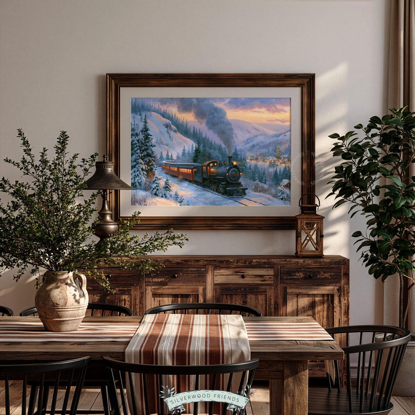 Steam train winter scene digital print — vintage farmhouse Christmas art with snow-covered track and glowing coaches