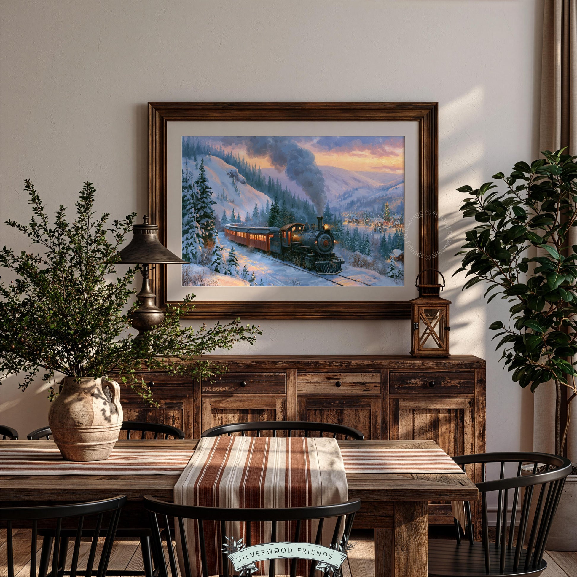 Steam train winter scene digital print — vintage farmhouse Christmas art with snow-covered track and glowing coaches