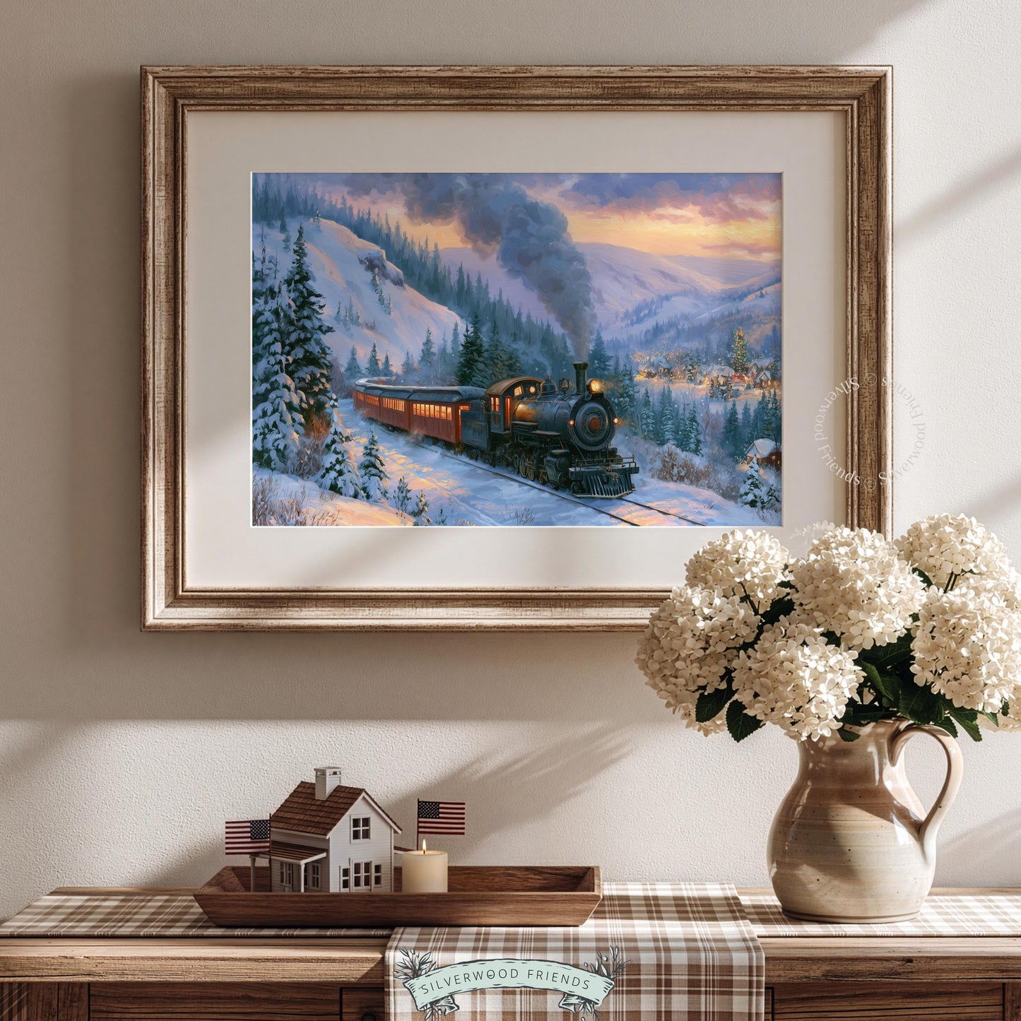 Classic holiday train print instant download — cozy seasonal artwork featuring snow-laden evergreens and distant village