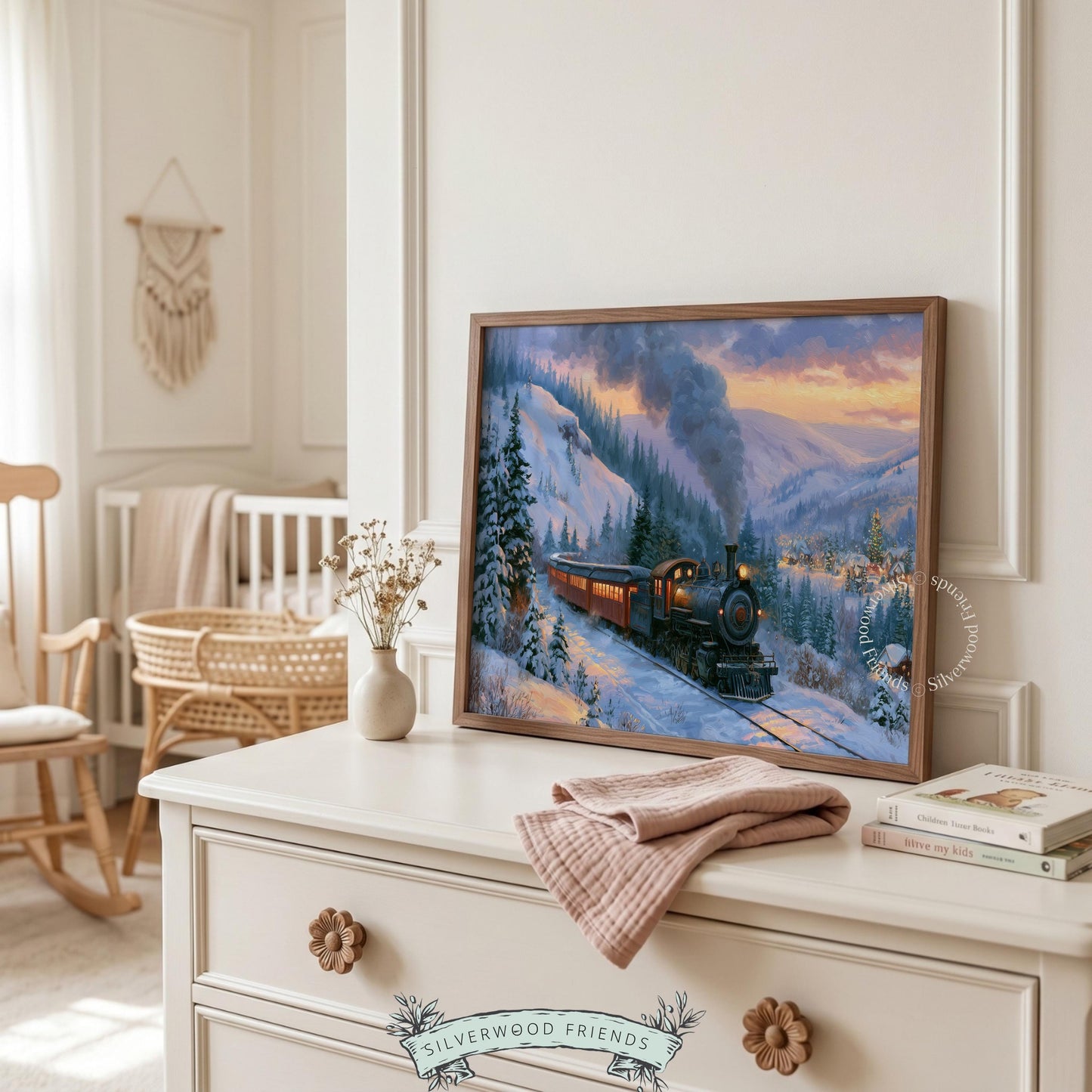 Festive winter train picture for hallway — classic Christmas artwork with billowing smoke and snowy pine forest setting