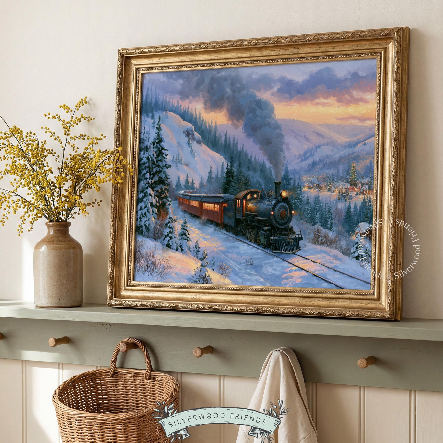 Festive railway landscape poster for sitting room — nostalgic winter journey with rich brushwork and holiday warmth