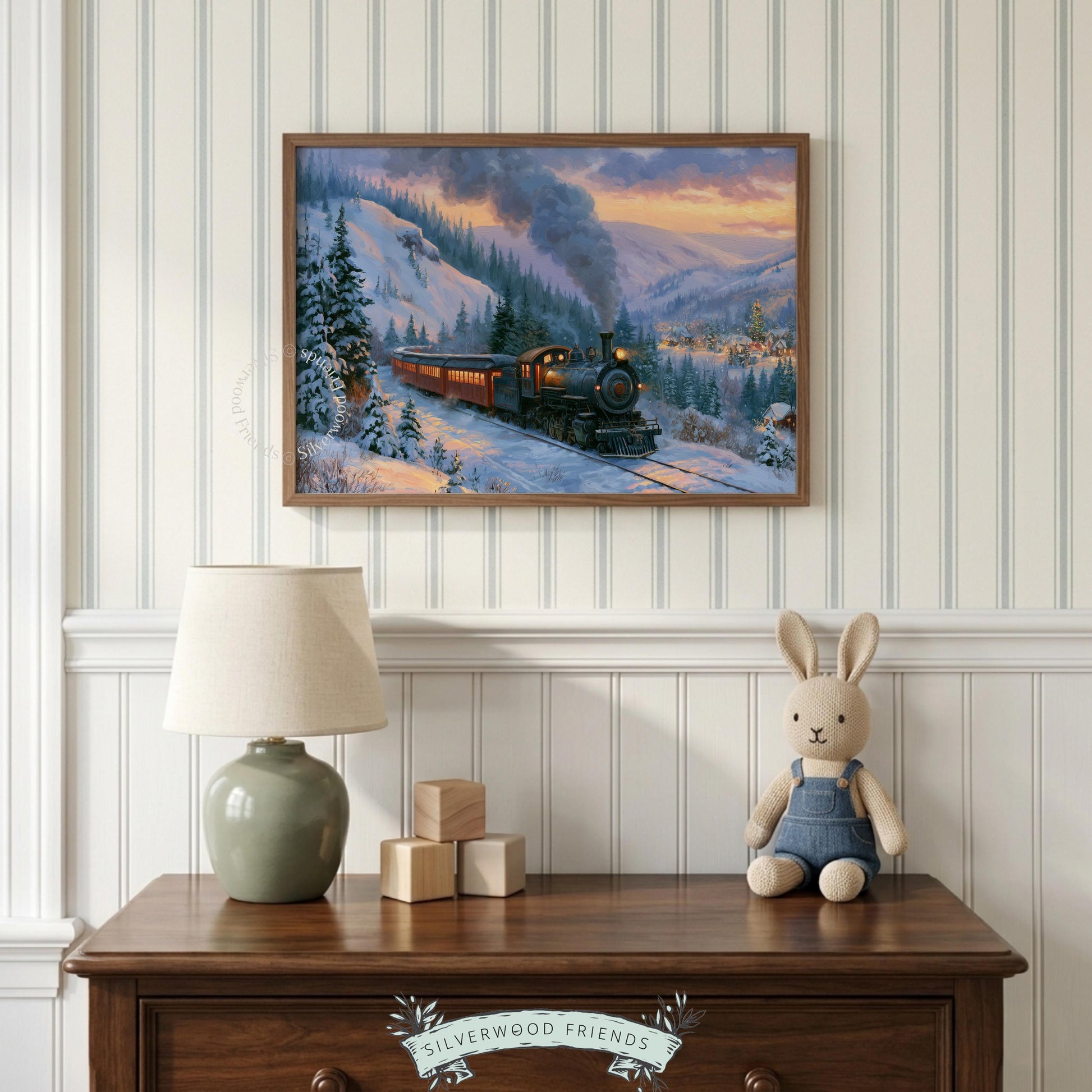 Vintage festive railway digital art print — warm seasonal painting with iconic steam engine capturing nostalgic Christmas magic