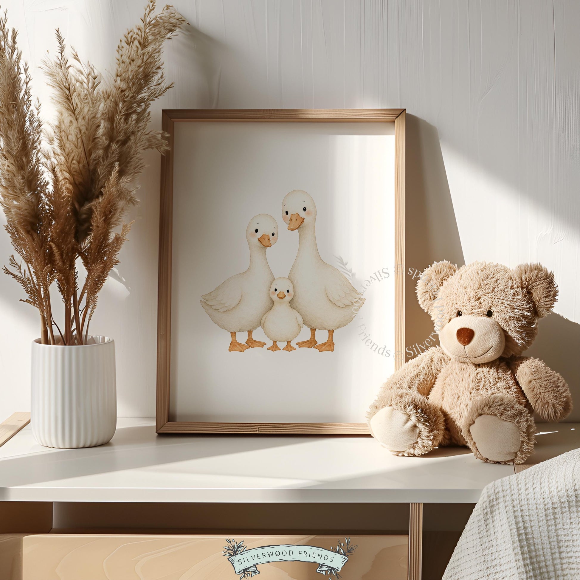 Duck parents and duckling artwork print for toddler nursery — light watercolor illustration, calm mood